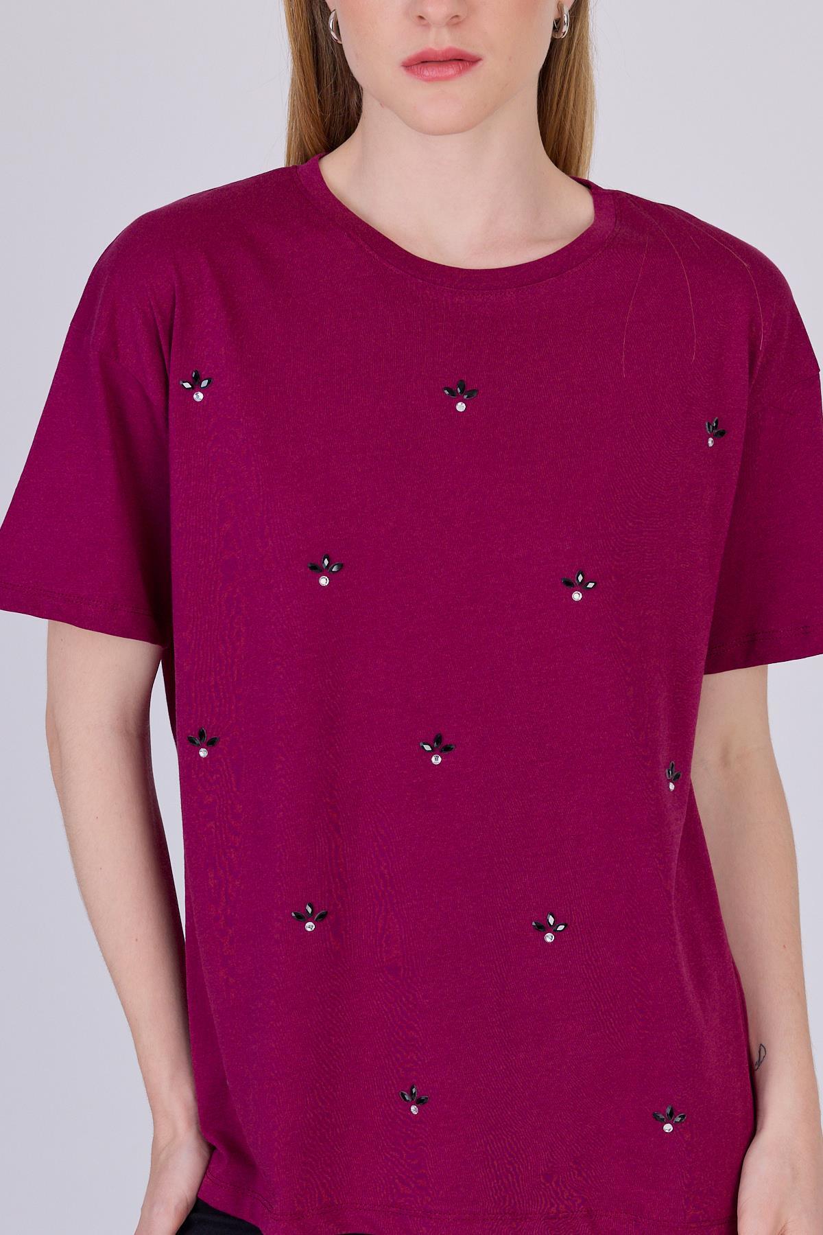 Bordo Yazı Baskılı %100 Pamuk Oversize Tişört 2150-18M - 4