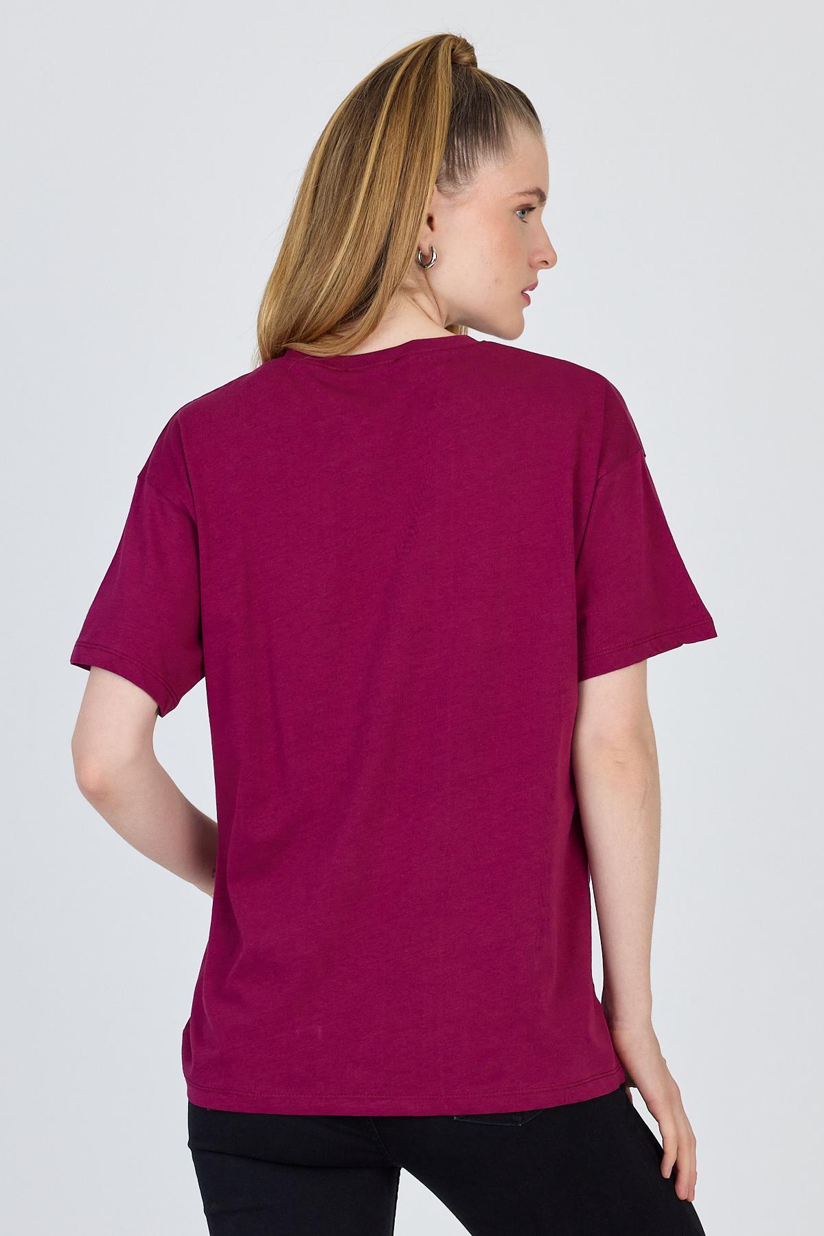 Bordo Yazı Baskılı %100 Pamuk Oversize Tişört 2150-18M - 5