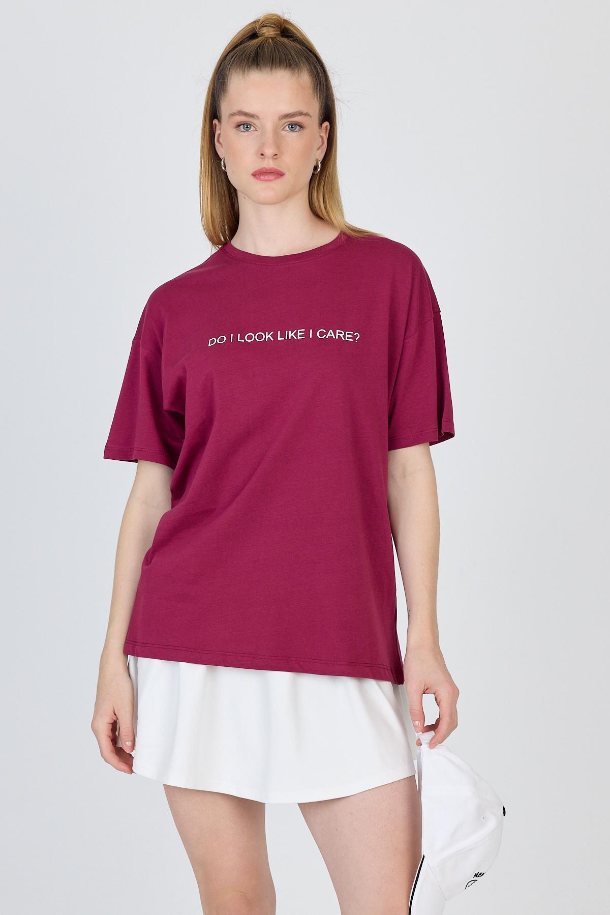 Bordo Yazı Baskılı %100 Pamuk Oversize Tişört 2150-5M - 1