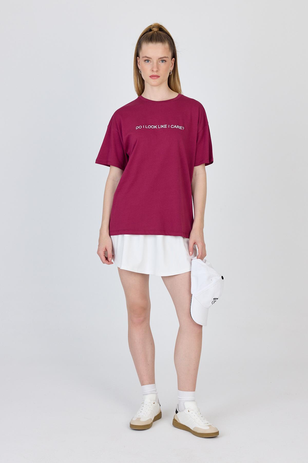 Bordo Yazı Baskılı %100 Pamuk Oversize Tişört 2150-5M - 2