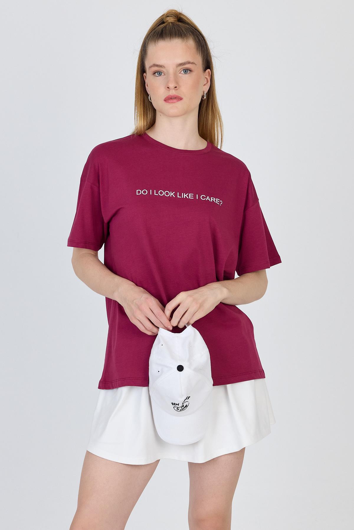 Bordo Yazı Baskılı %100 Pamuk Oversize Tişört 2150-5M - 3