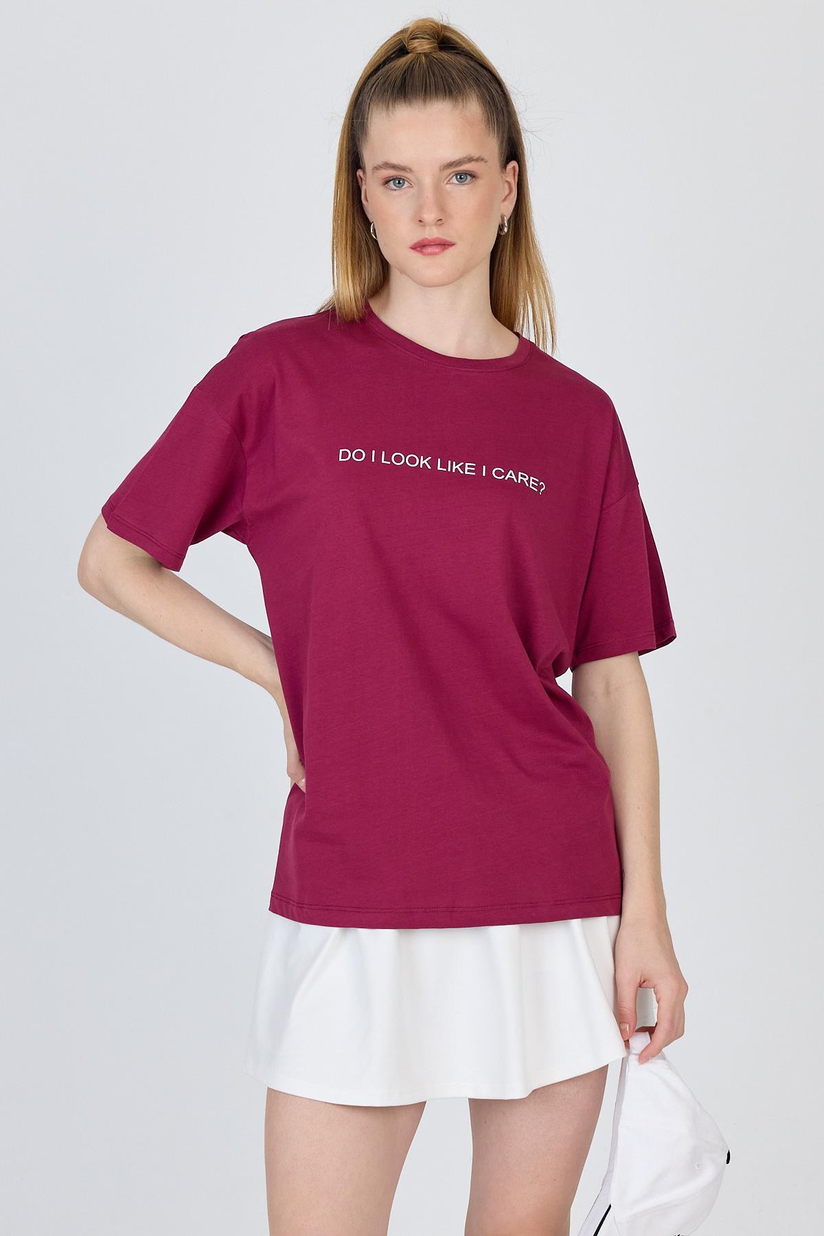 Bordo Yazı Baskılı %100 Pamuk Oversize Tişört 2150-5M - 7