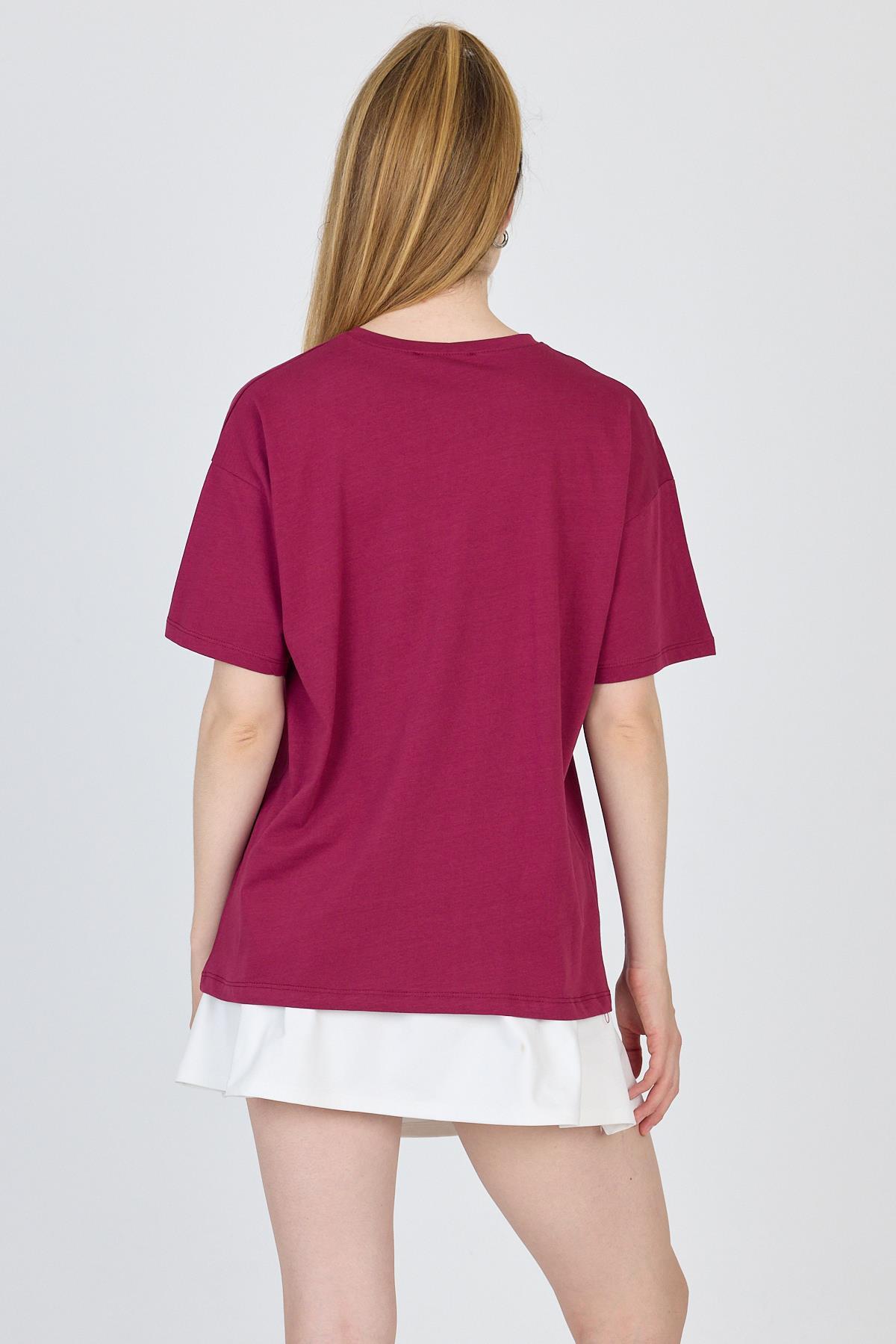Bordo Yazı Baskılı %100 Pamuk Oversize Tişört 2150-5M - 5