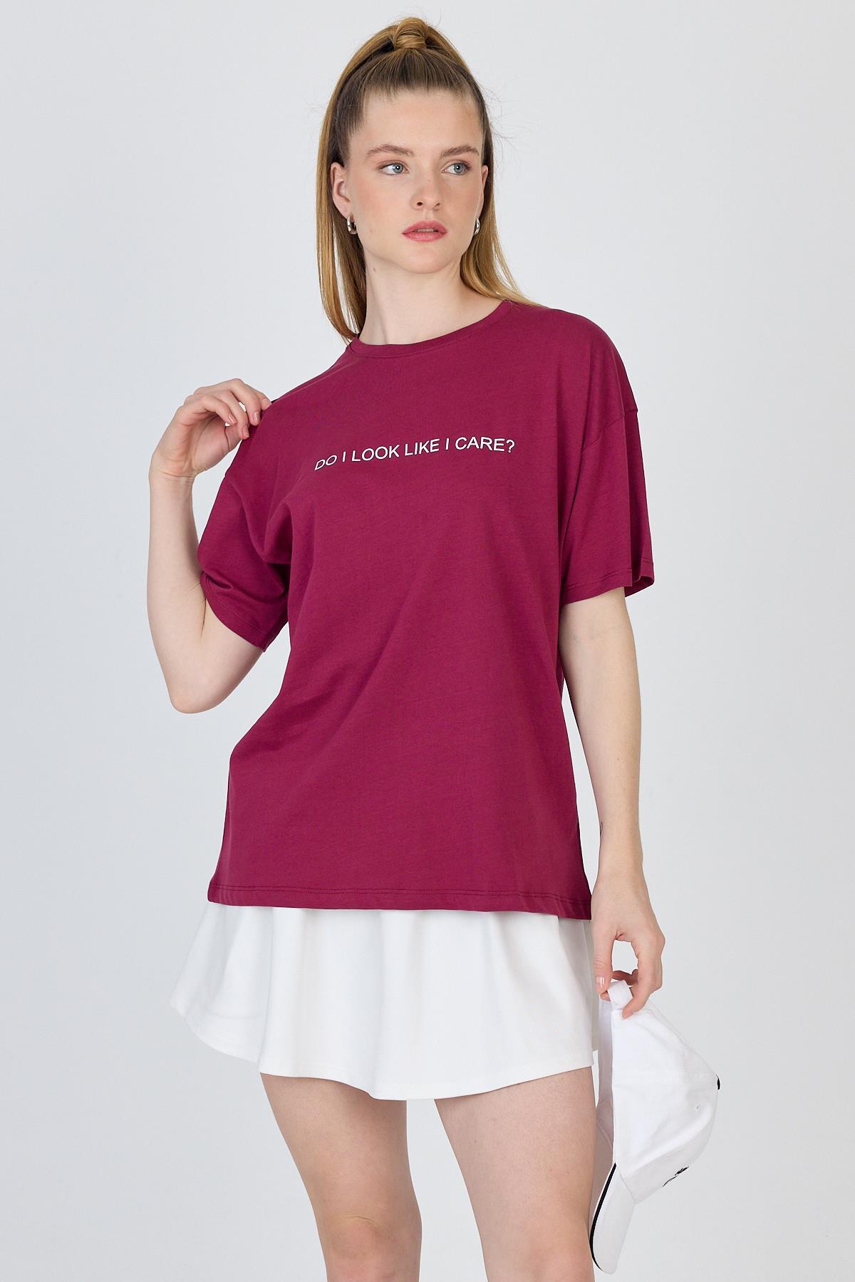 Bordo Yazı Baskılı %100 Pamuk Oversize Tişört 2150-5M - 6