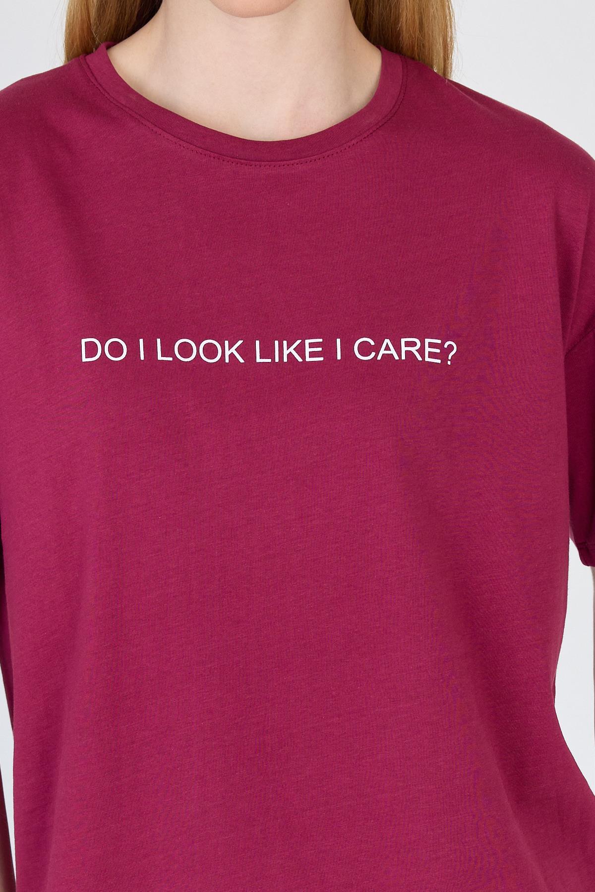 Bordo Yazı Baskılı %100 Pamuk Oversize Tişört 2150-5M - 4