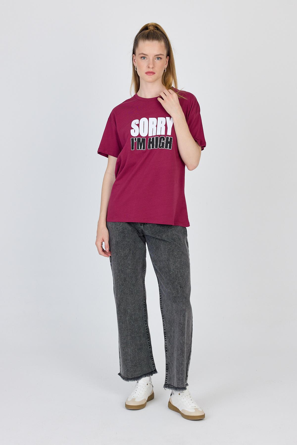 Bordo Yazı Baskılı %100 Pamuk Oversize Tişört 2150-7M - 2