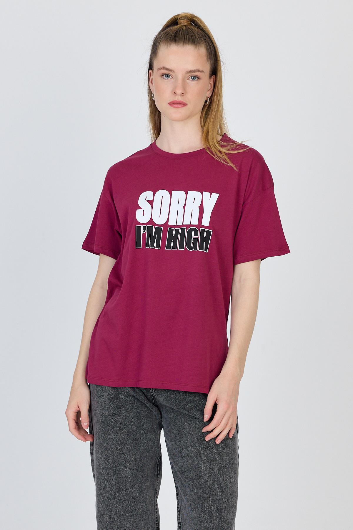 Bordo Yazı Baskılı %100 Pamuk Oversize Tişört 2150-7M - 1