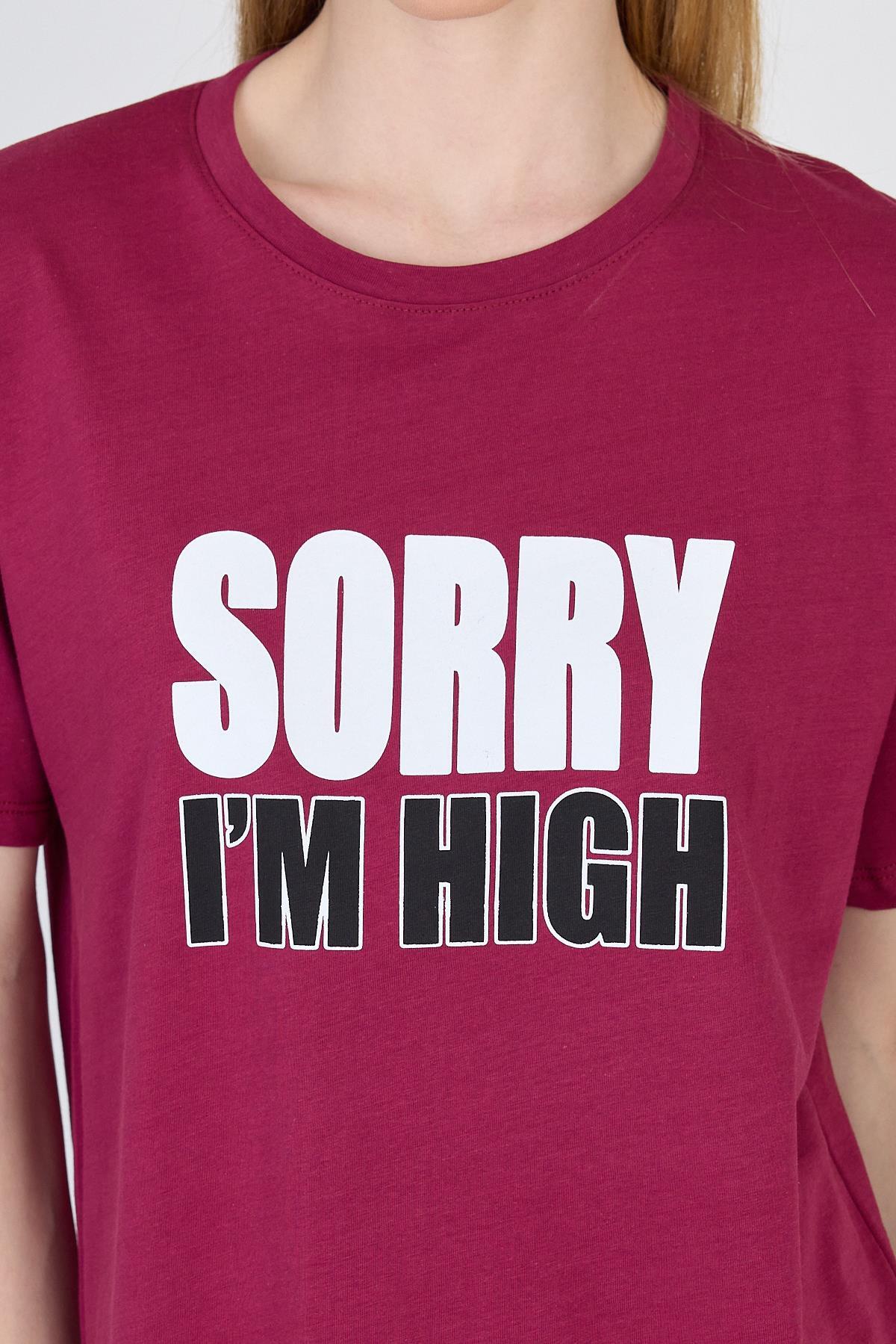 Bordo Yazı Baskılı %100 Pamuk Oversize Tişört 2150-7M - 4