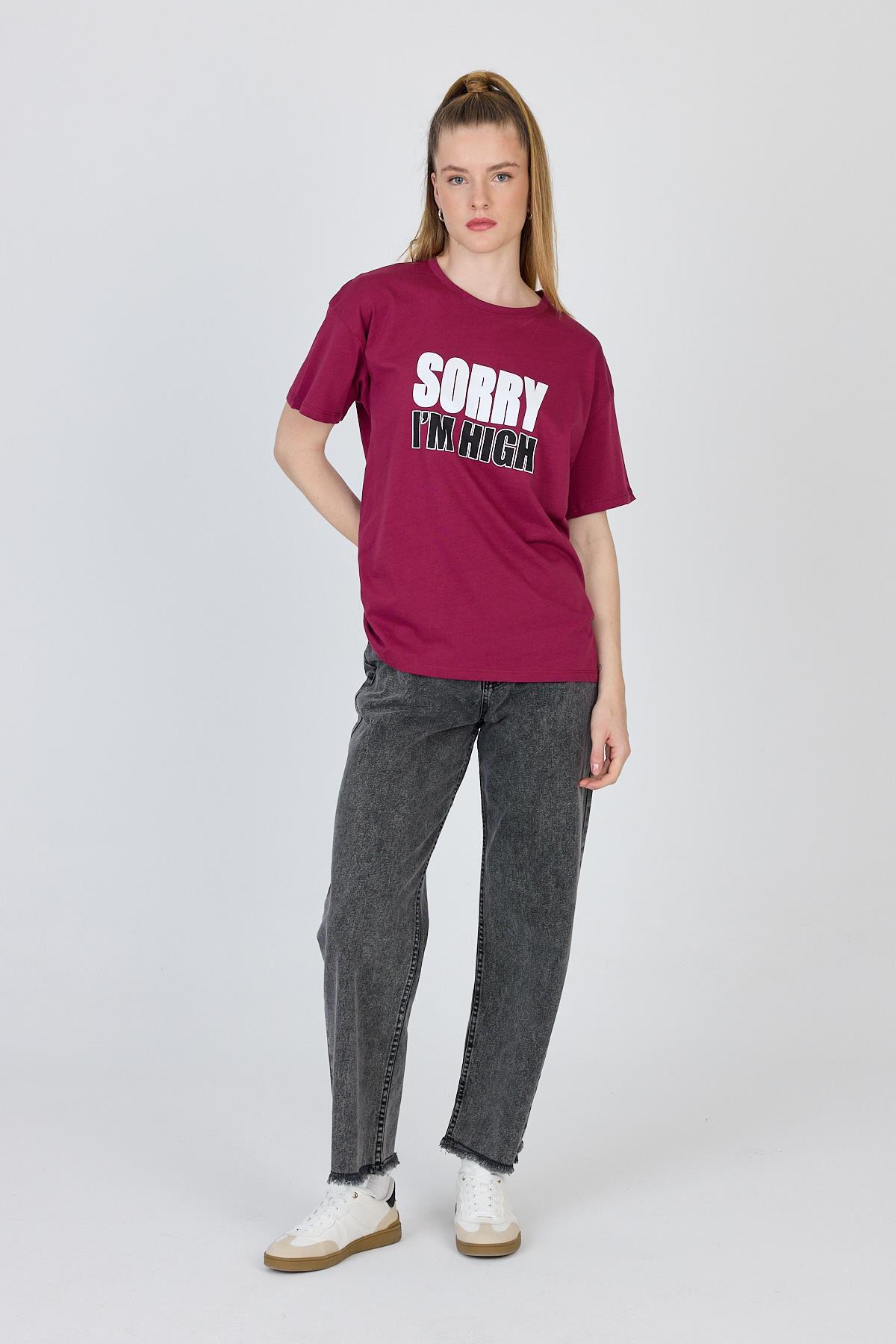 Bordo Yazı Baskılı %100 Pamuk Oversize Tişört 2150-7M - 3