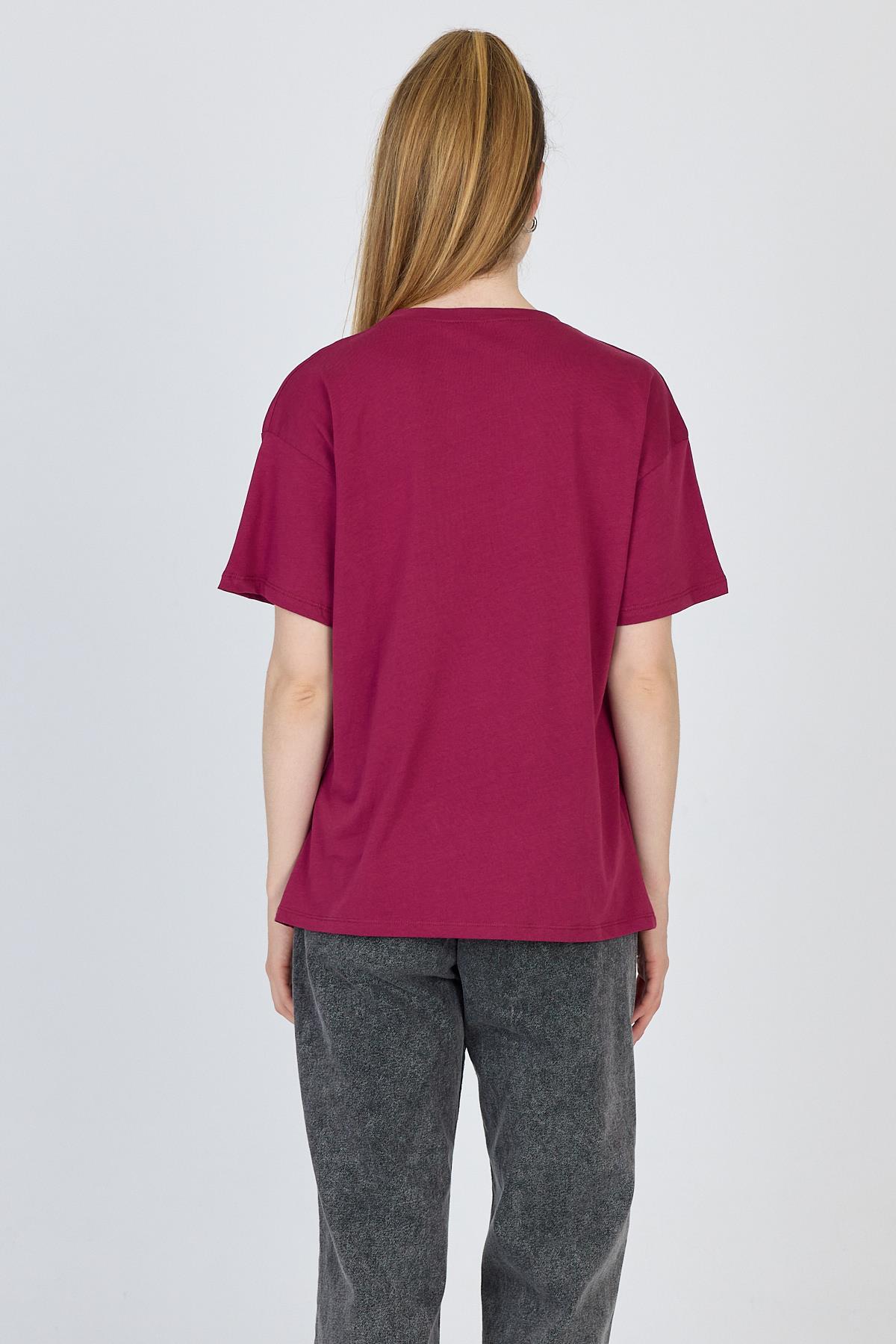 Bordo Yazı Baskılı %100 Pamuk Oversize Tişört 2150-7M - 5