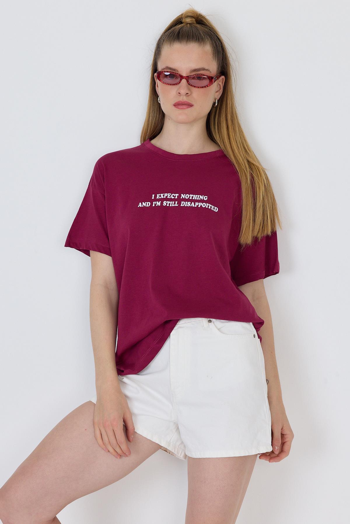 Bordo Yazı Baskılı %100 Pamuk Oversize Tişört 2150-8M - 1