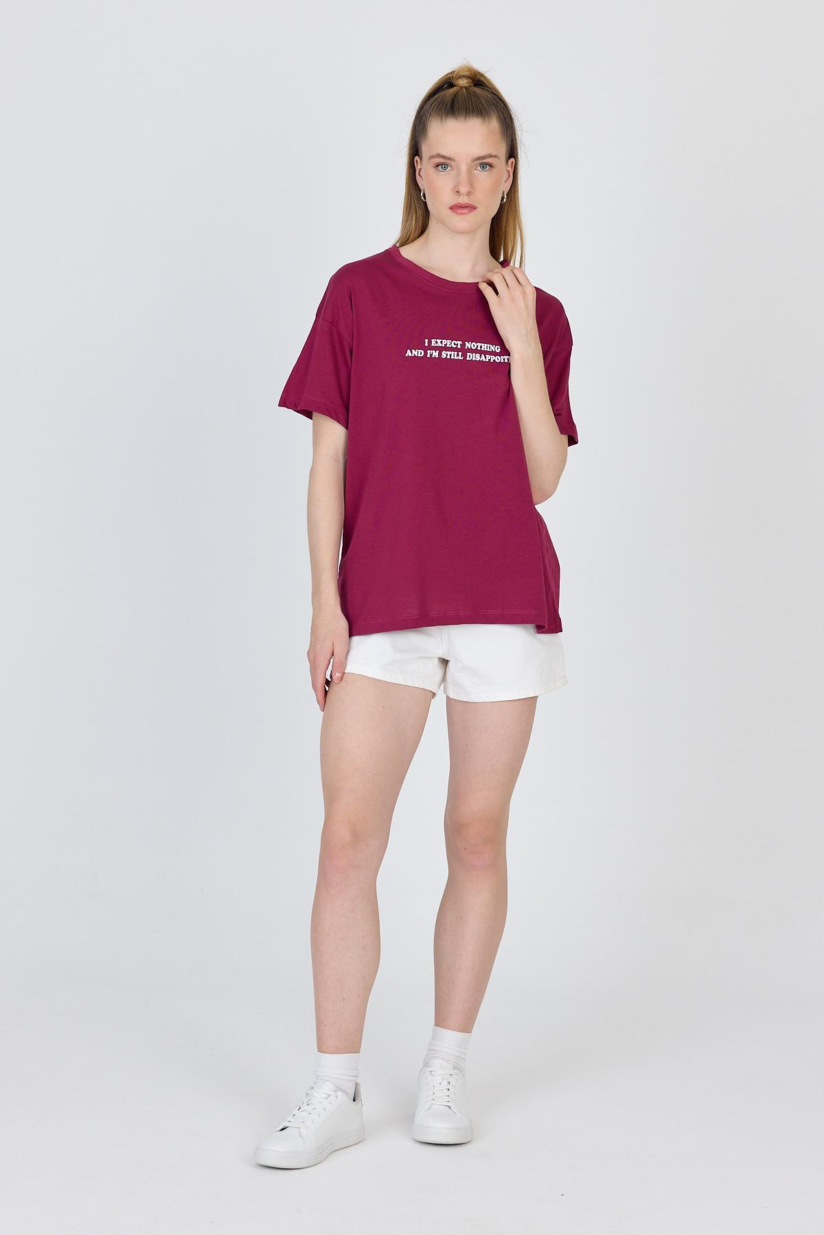 Bordo Yazı Baskılı %100 Pamuk Oversize Tişört 2150-8M - 6