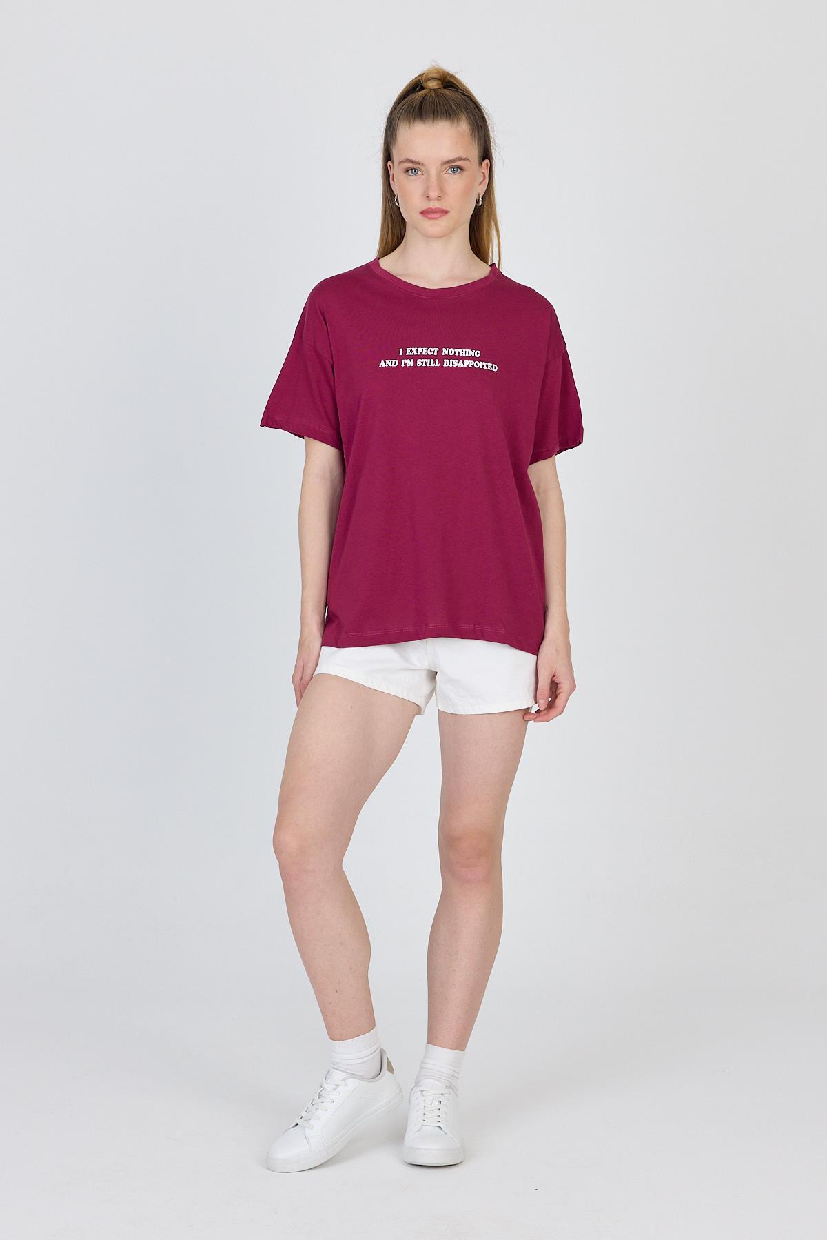 Bordo Yazı Baskılı %100 Pamuk Oversize Tişört 2150-8M - 2