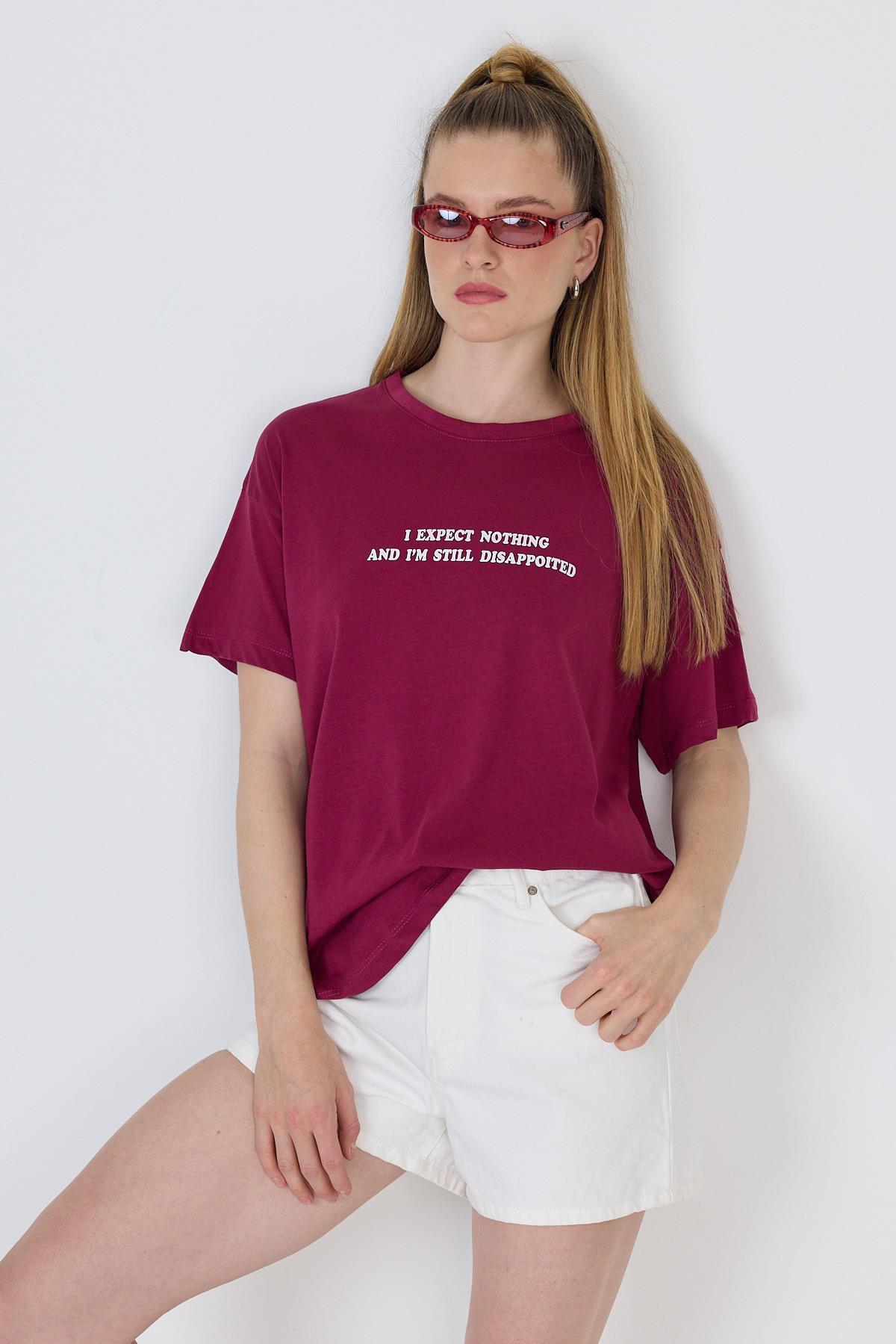 Bordo Yazı Baskılı %100 Pamuk Oversize Tişört 2150-8M - 3