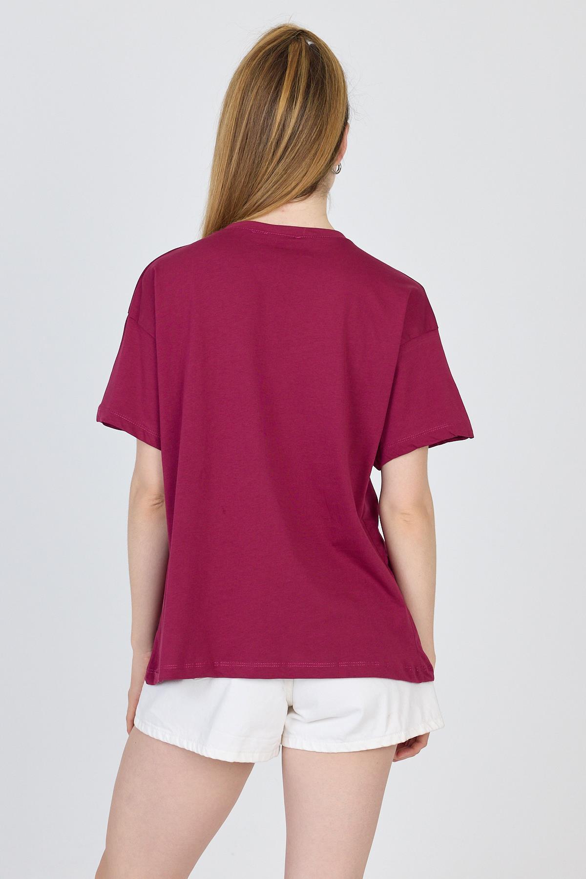 Bordo Yazı Baskılı %100 Pamuk Oversize Tişört 2150-8M - 5