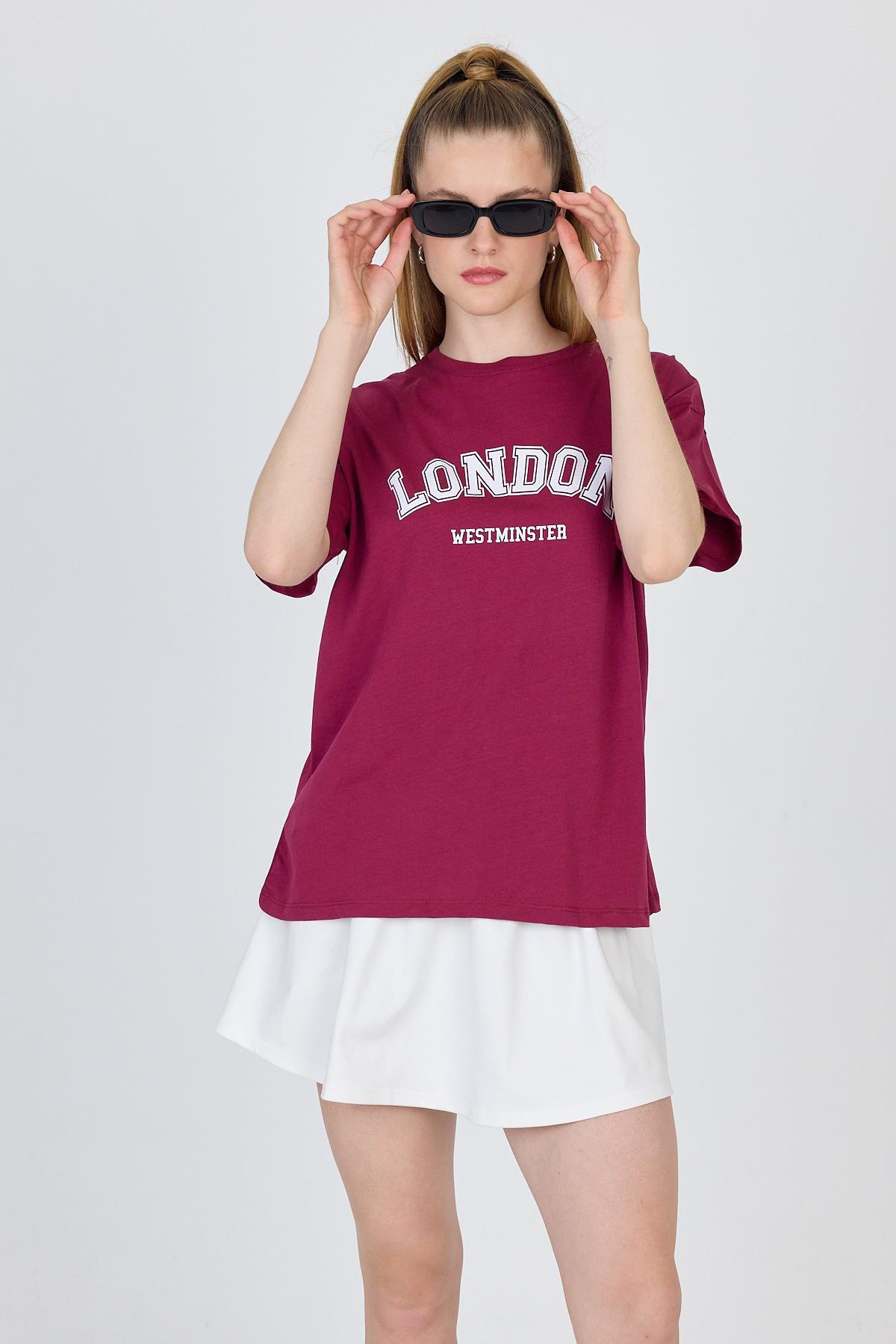 Bordo Yazı Baskılı %100 Pamuk Oversize Tişört 2150-9M - RAYS