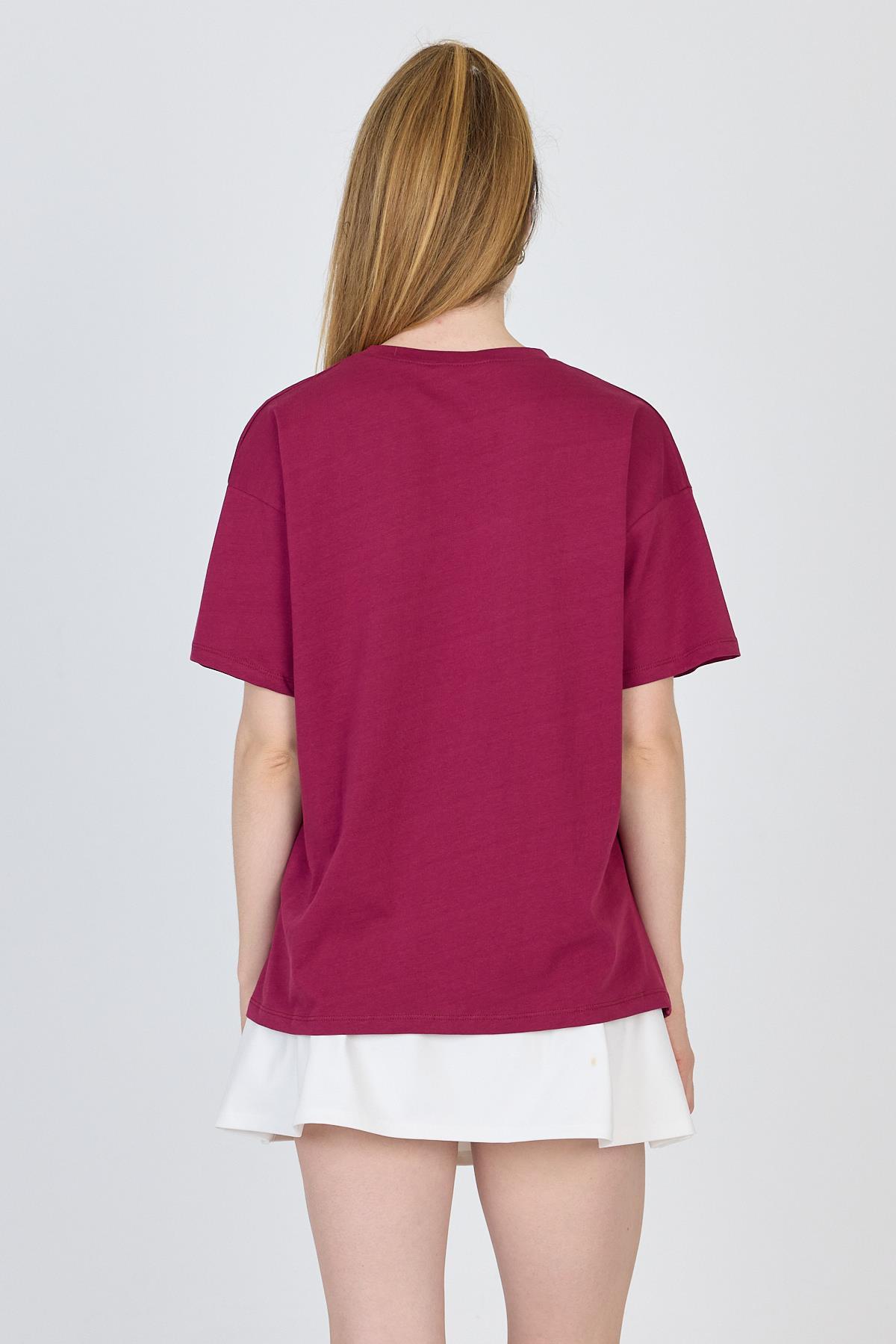 Bordo Yazı Baskılı %100 Pamuk Oversize Tişört 2150-9M - 5
