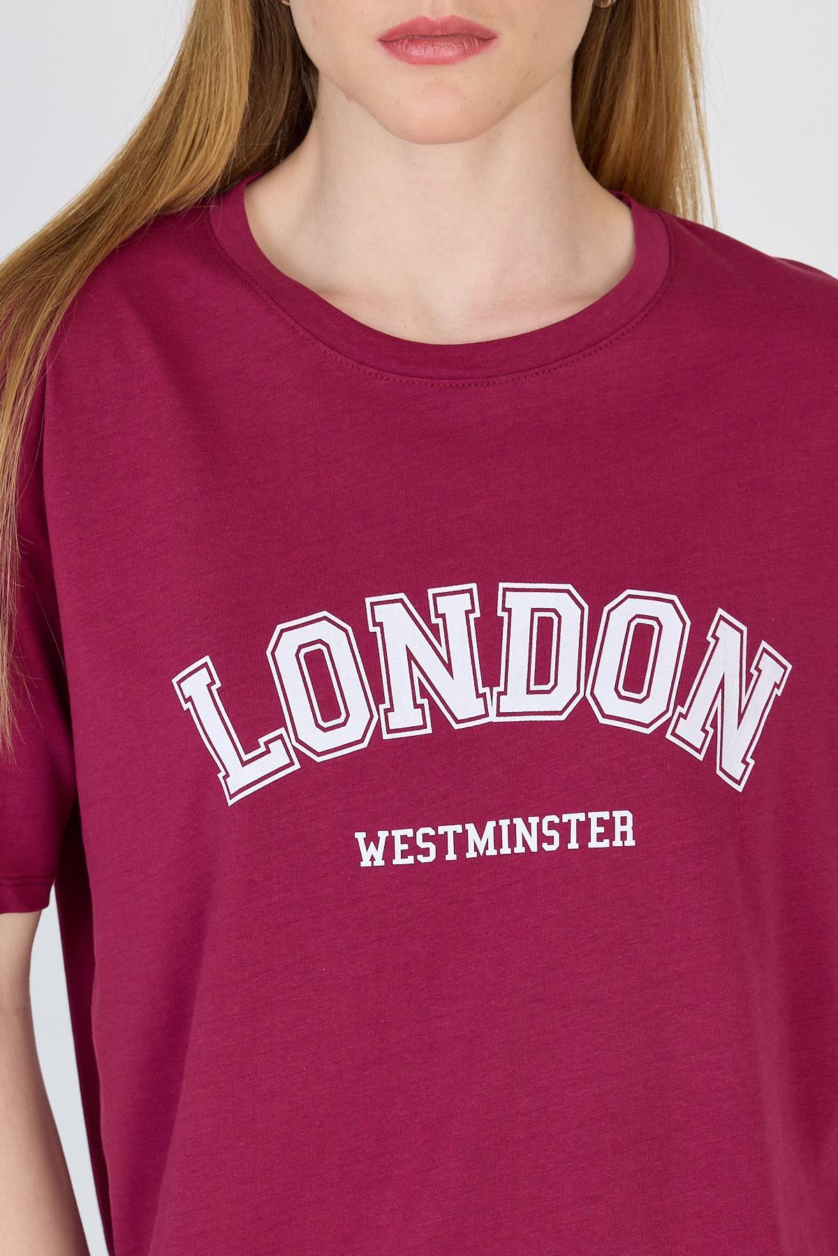 Bordo Yazı Baskılı %100 Pamuk Oversize Tişört 2150-9M - 4