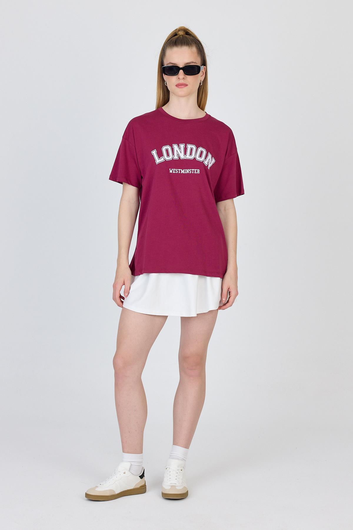 Bordo Yazı Baskılı %100 Pamuk Oversize Tişört 2150-9M - 6