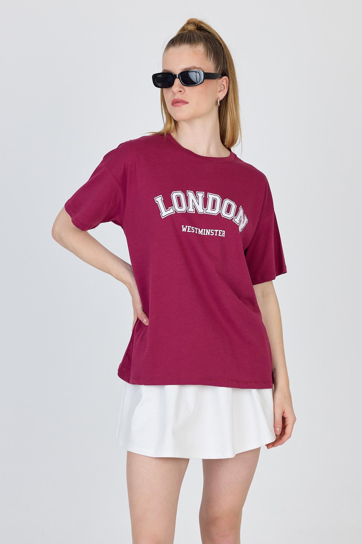 Bordo Yazı Baskılı %100 Pamuk Oversize Tişört 2150-9M 