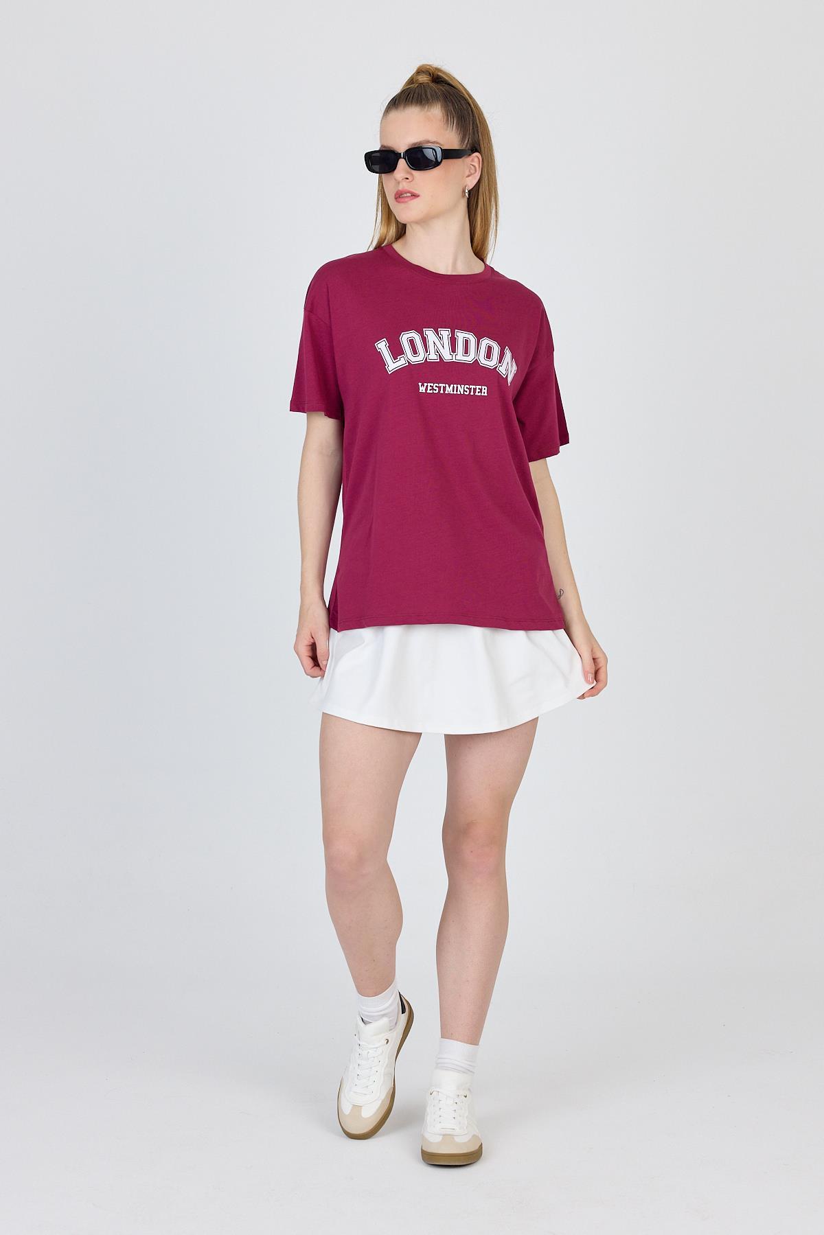 Bordo Yazı Baskılı %100 Pamuk Oversize Tişört 2150-9M - 2