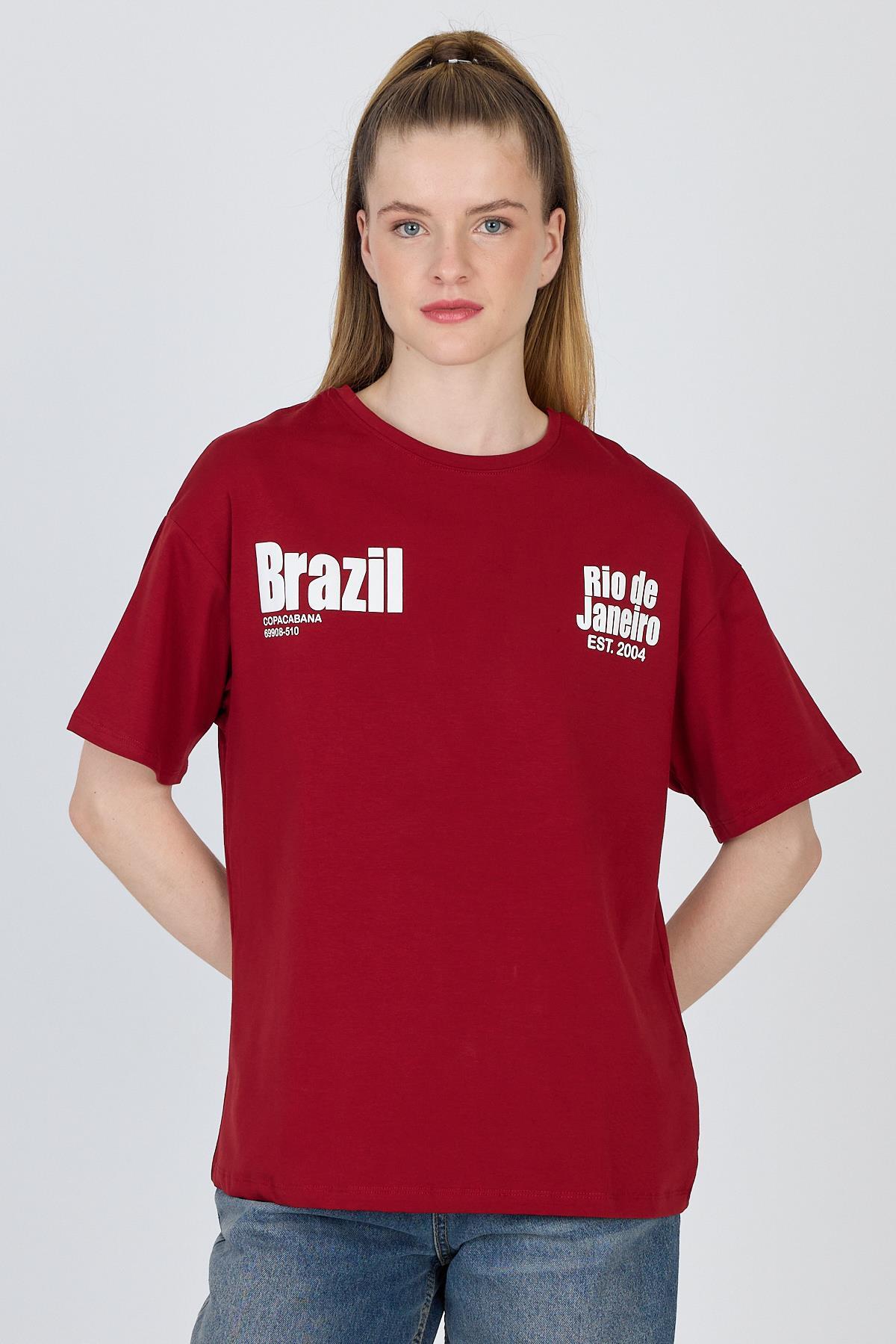 Bordo Yazı Baskılı %100 Pamuk Oversize Tişört 6403 - RAYS