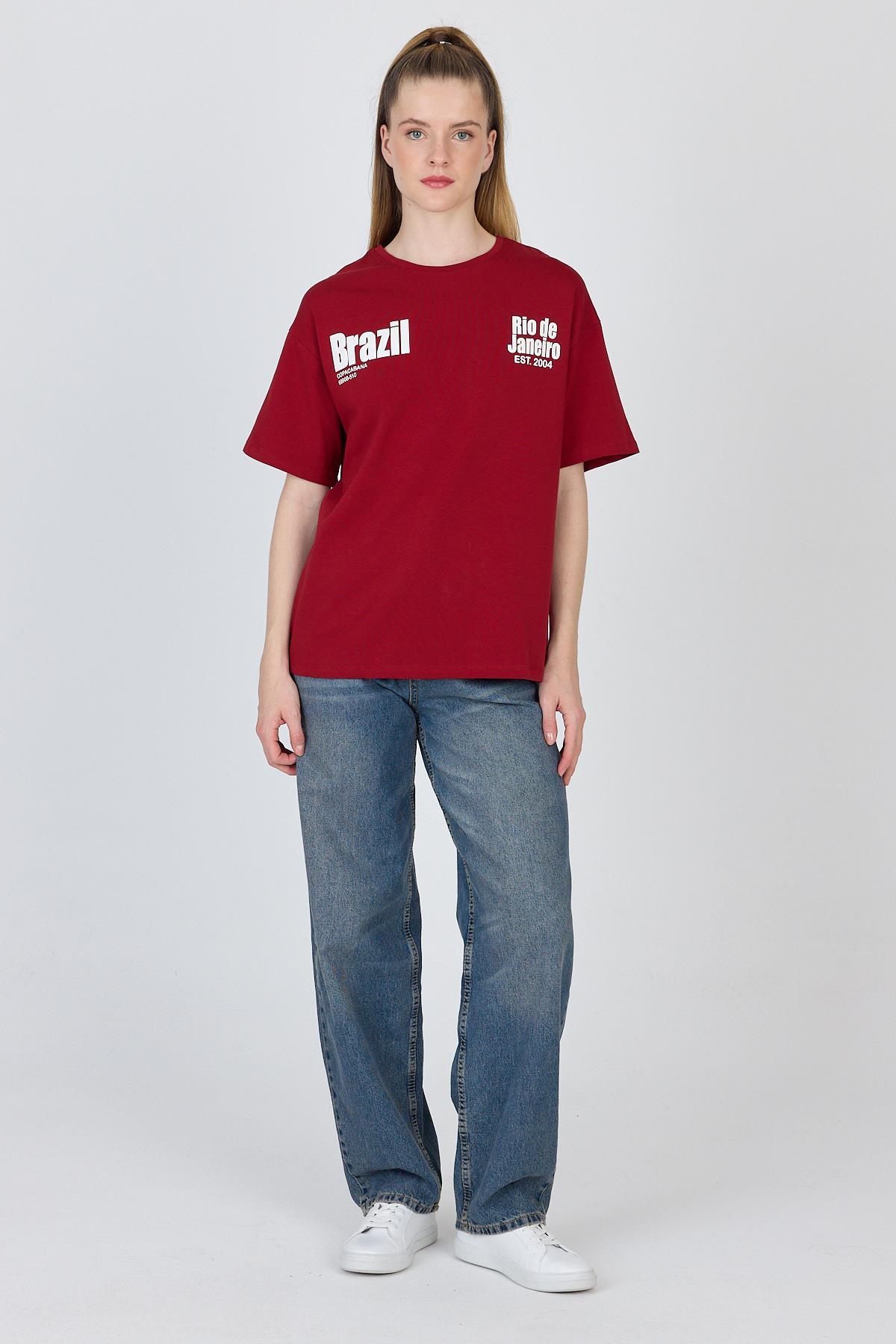 Bordo Yazı Baskılı %100 Pamuk Oversize Tişört 6403 - RAYS