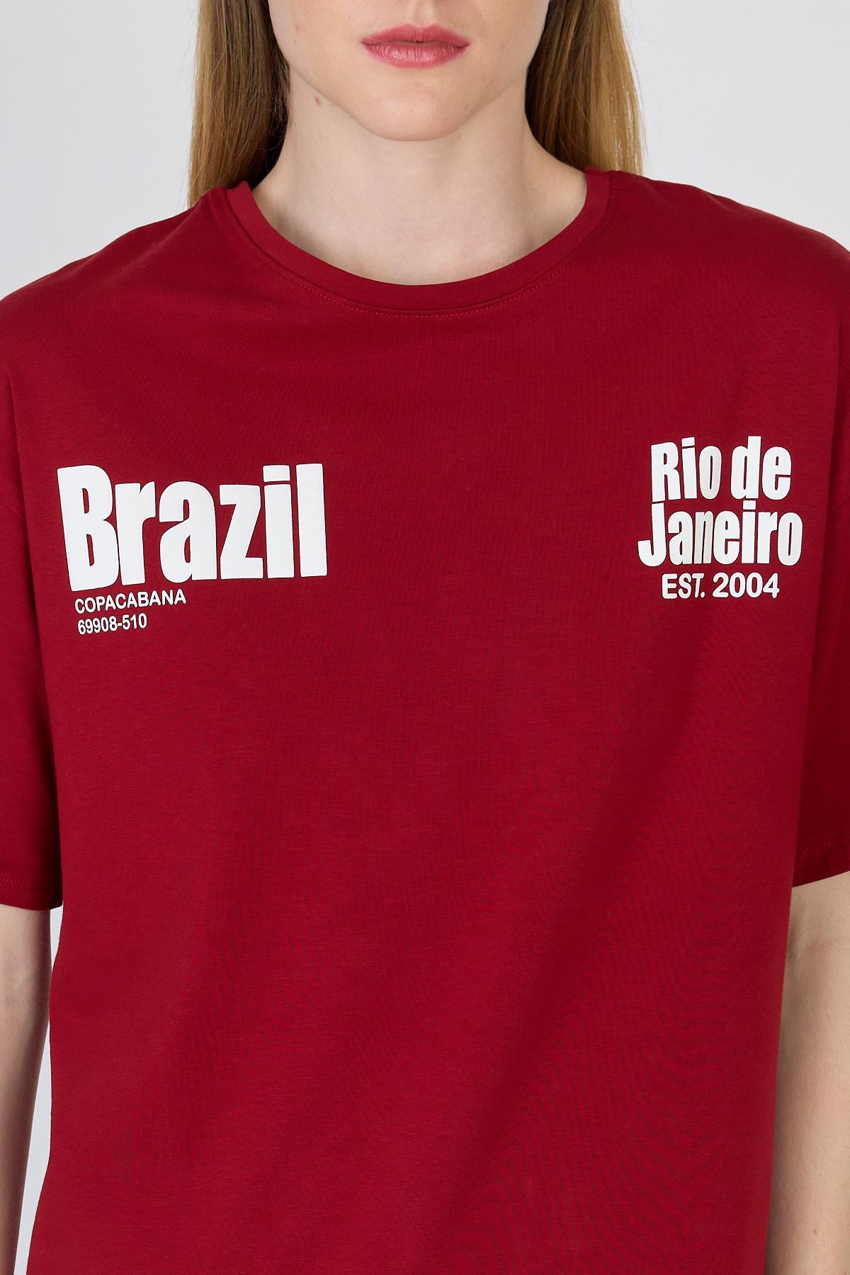 Bordo Yazı Baskılı %100 Pamuk Oversize Tişört 6403 - RAYS