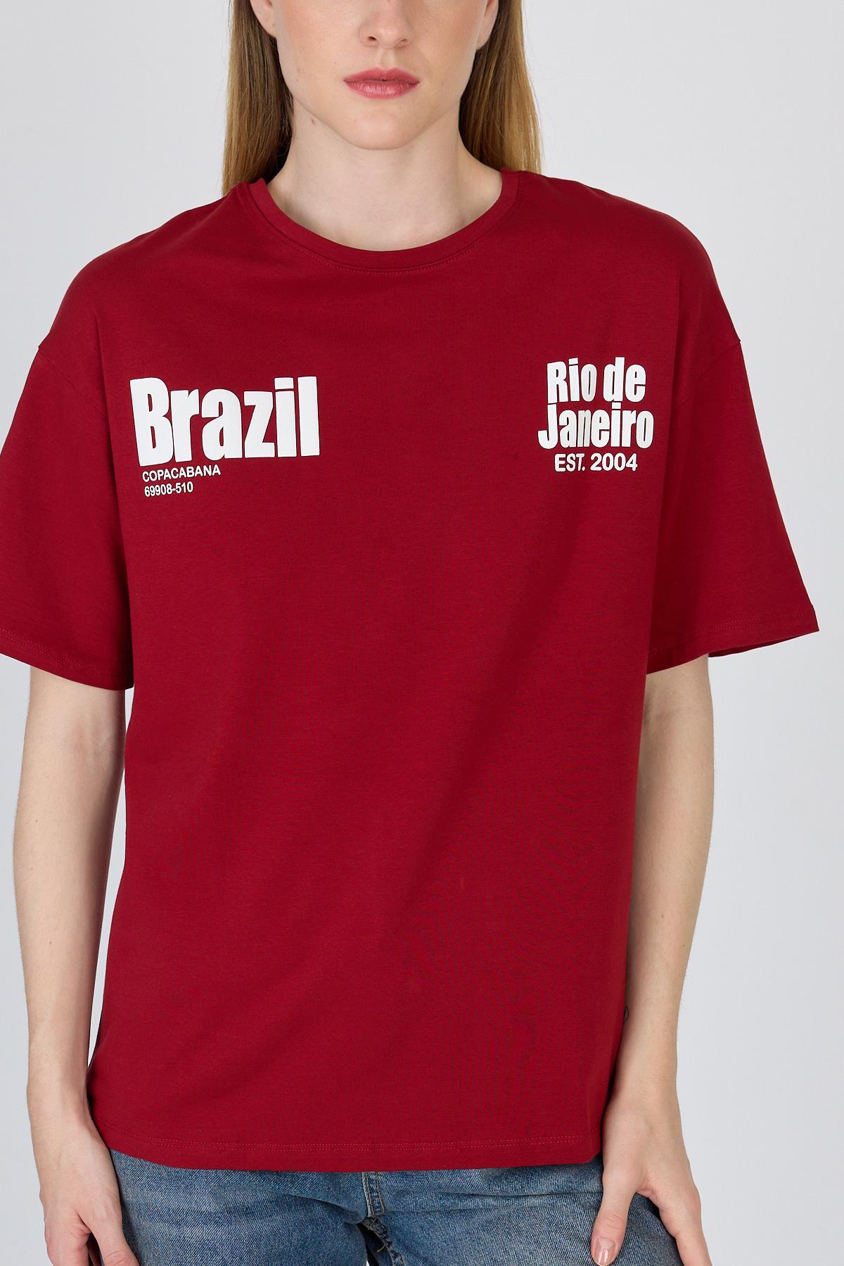 Bordo Yazı Baskılı %100 Pamuk Oversize Tişört 6403 - 7