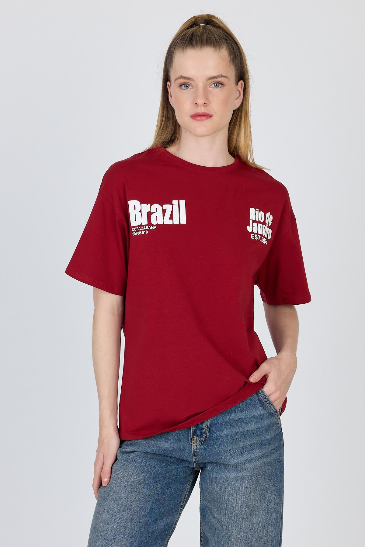 Bordo Yazı Baskılı %100 Pamuk Oversize Tişört 6403 - 1