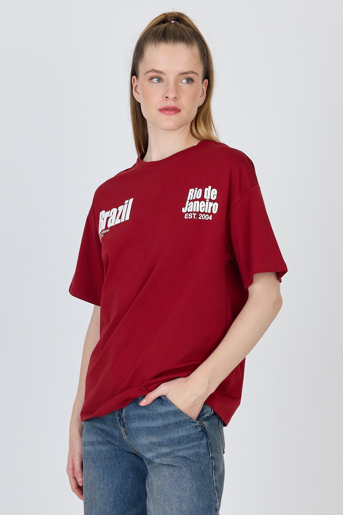 Bordo Yazı Baskılı %100 Pamuk Oversize Tişört 6403 - 6