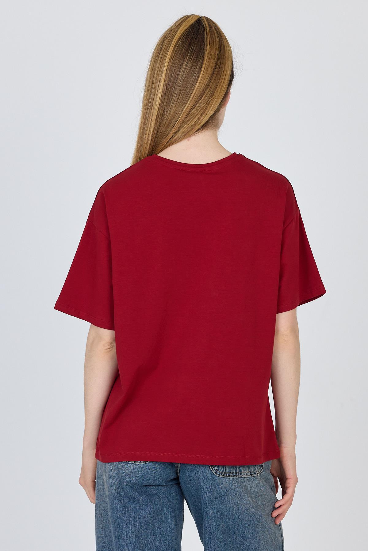 Bordo Yazı Baskılı %100 Pamuk Oversize Tişört 6403 - 5