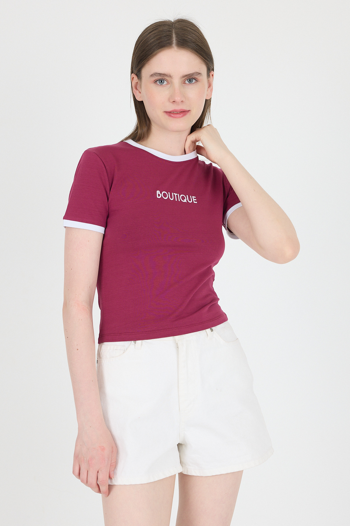 Bordo Yazı Baskılı Biyeli Pamuklu Slim Fit Tişört 9192M - 2