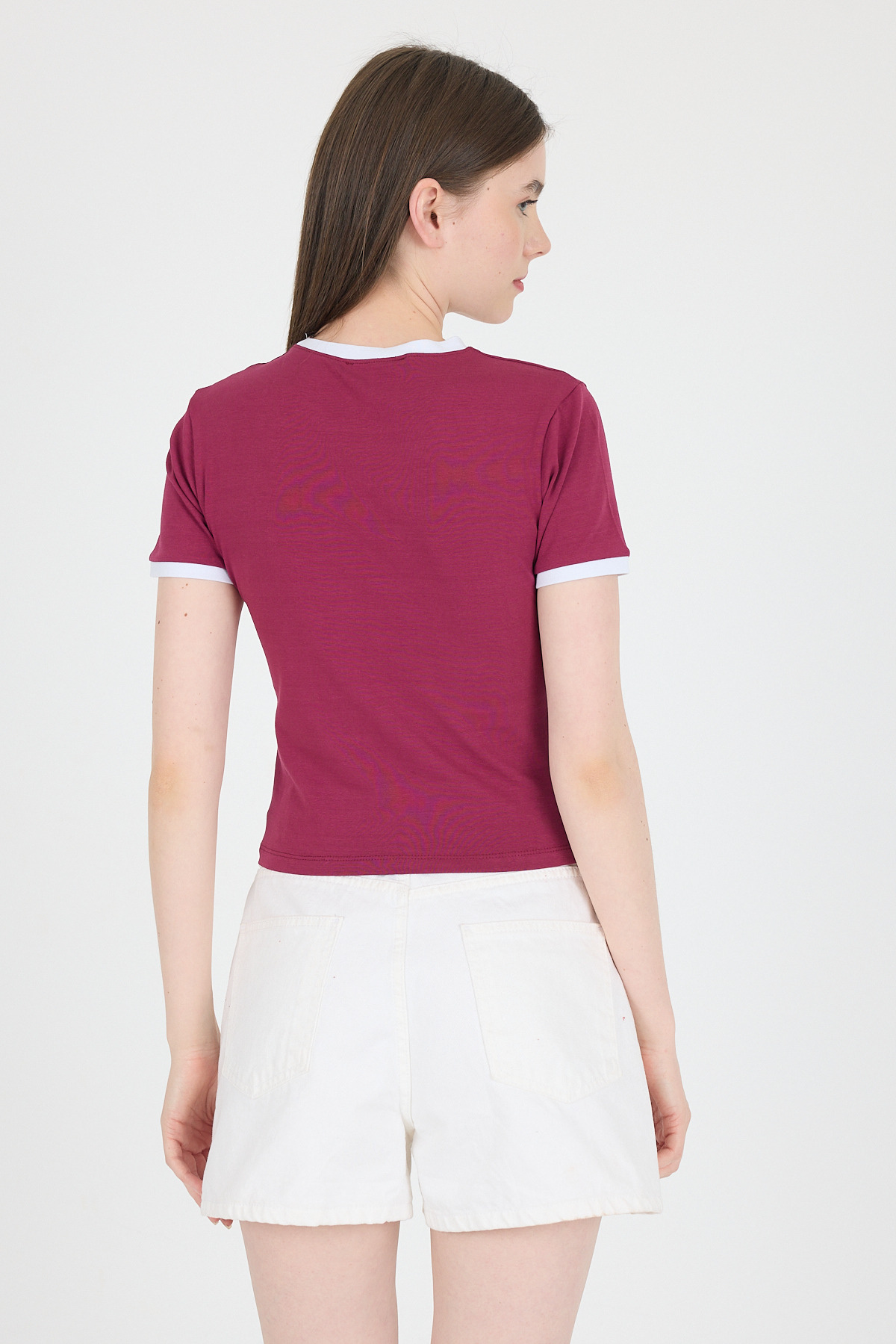 Bordo Yazı Baskılı Biyeli Pamuklu Slim Fit Tişört 9192M - 5
