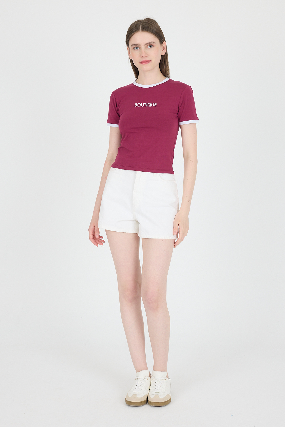 Bordo Yazı Baskılı Biyeli Pamuklu Slim Fit Tişört 9192M - RAYS