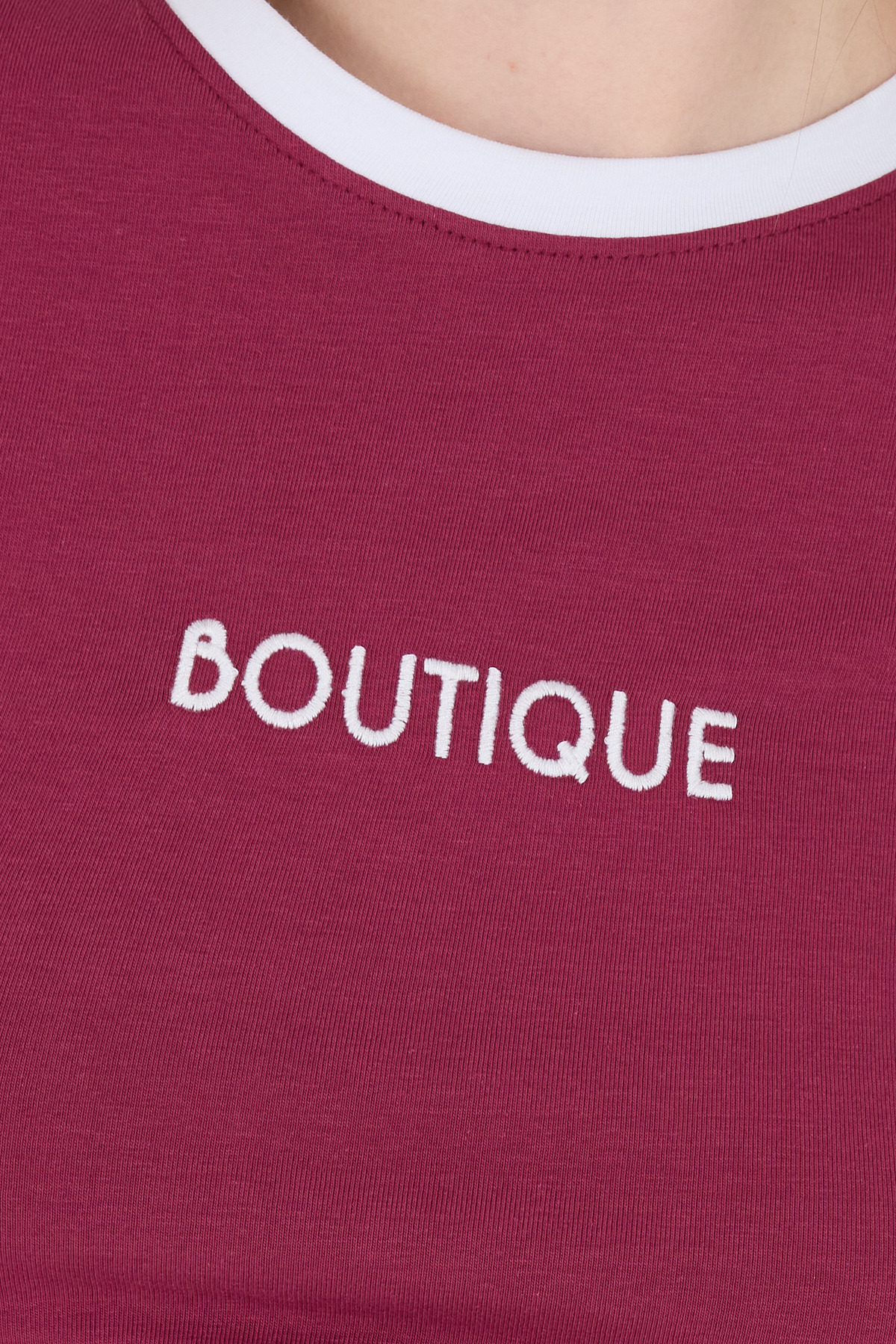 Bordo Yazı Baskılı Biyeli Pamuklu Slim Fit Tişört 9192M - RAYS