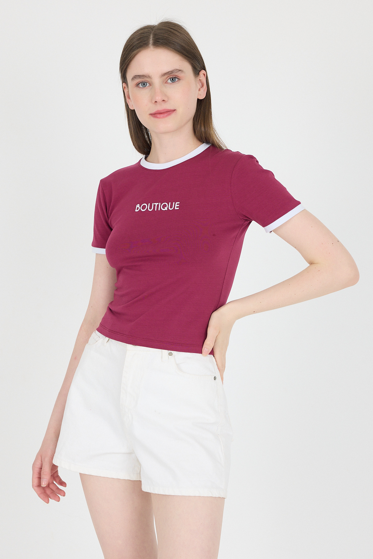 Bordo Yazı Baskılı Biyeli Pamuklu Slim Fit Tişört 9192M - RAYS