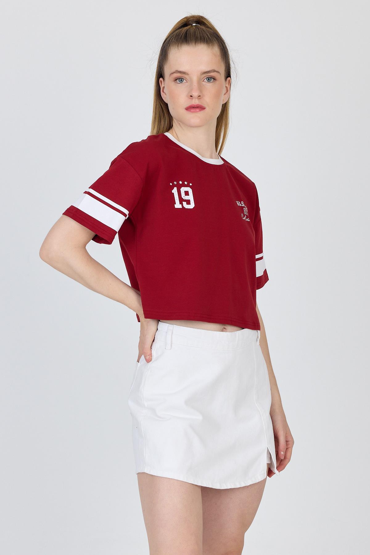 Bordo Yazı Baskılı Crop Tişört 6584 - 3