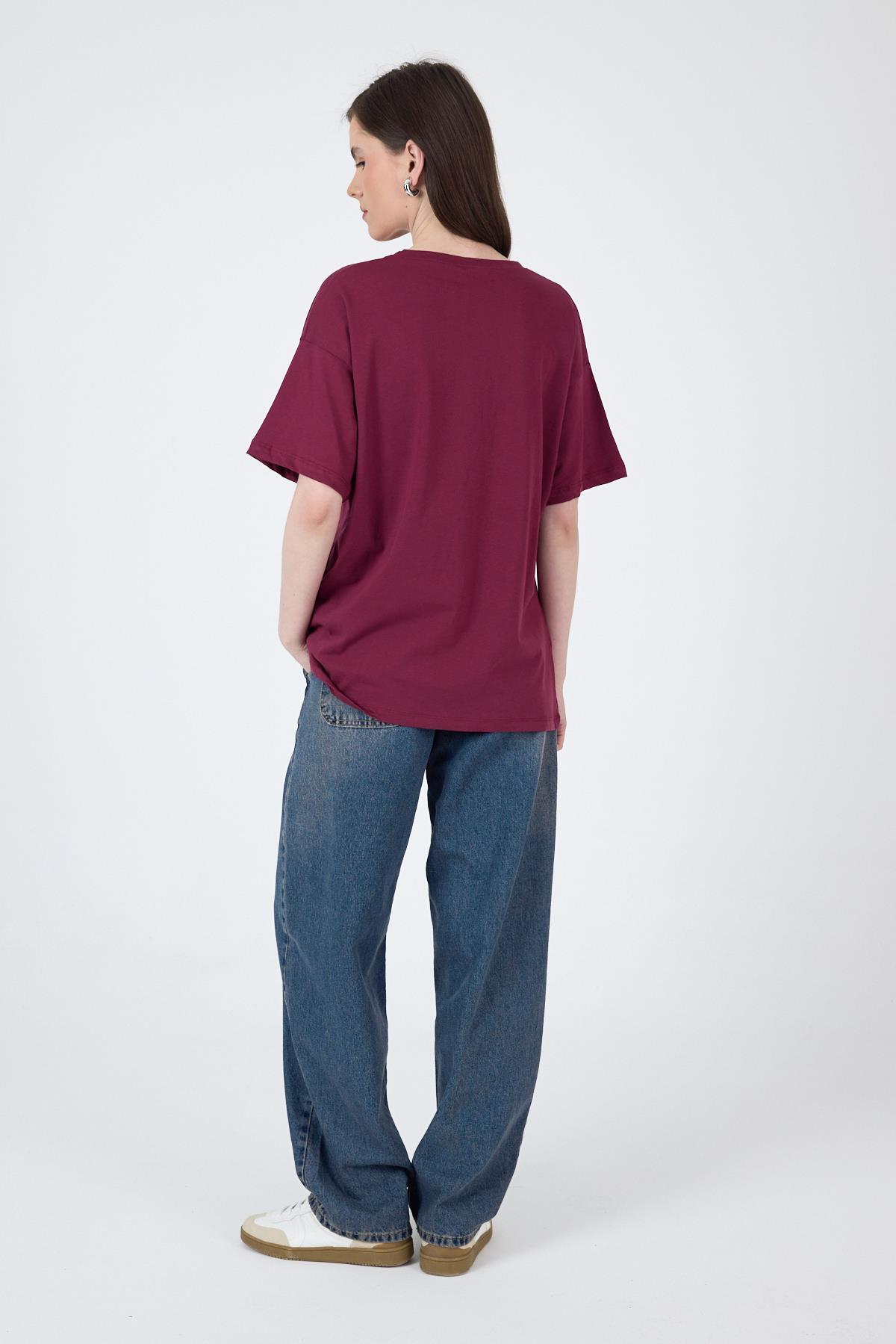 Bordo Yazı Baskılı Oversize Pamuklu Tişört 2150-32M - 6
