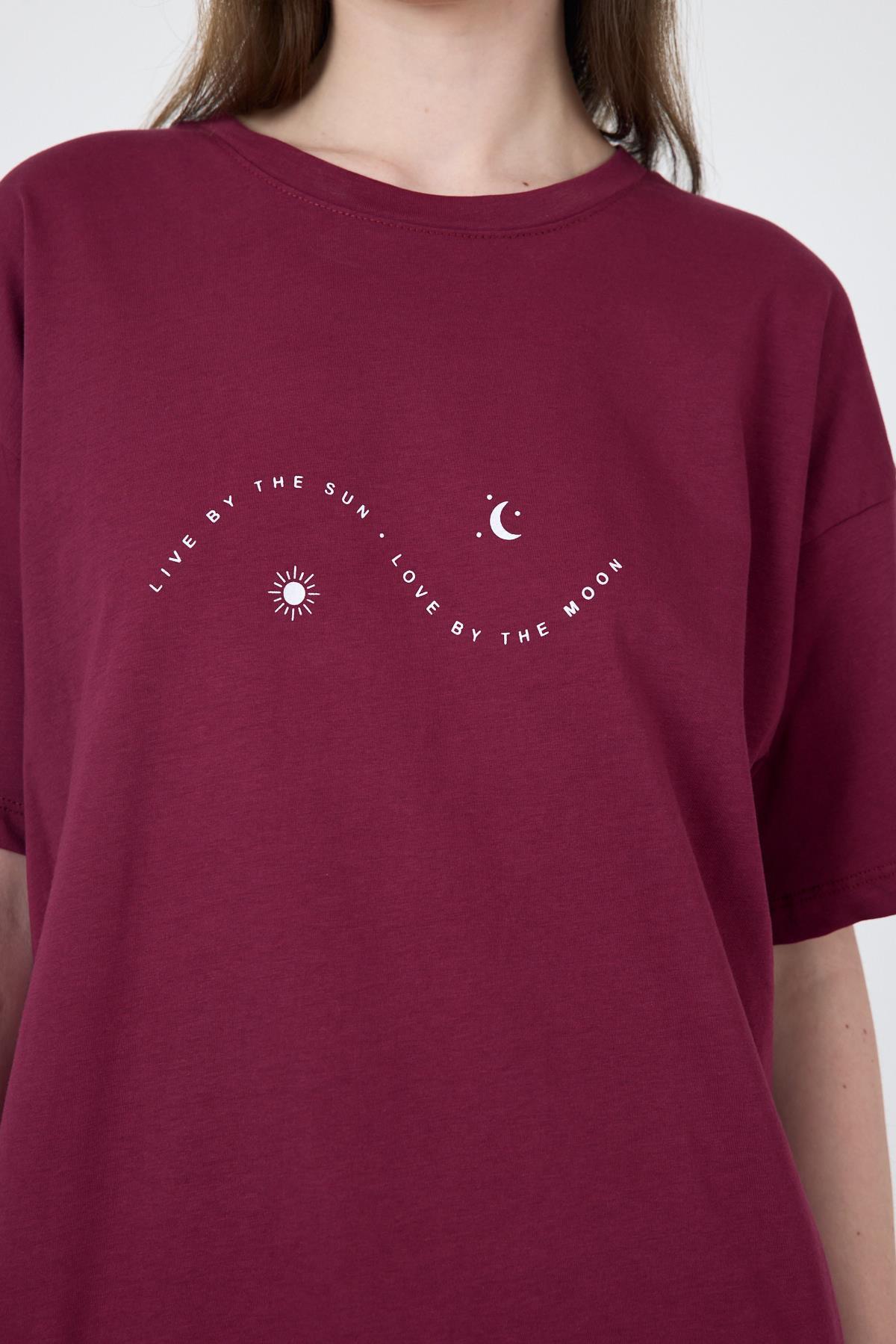 Bordo Yazı Baskılı Oversize Pamuklu Tişört 2150-32M - 7