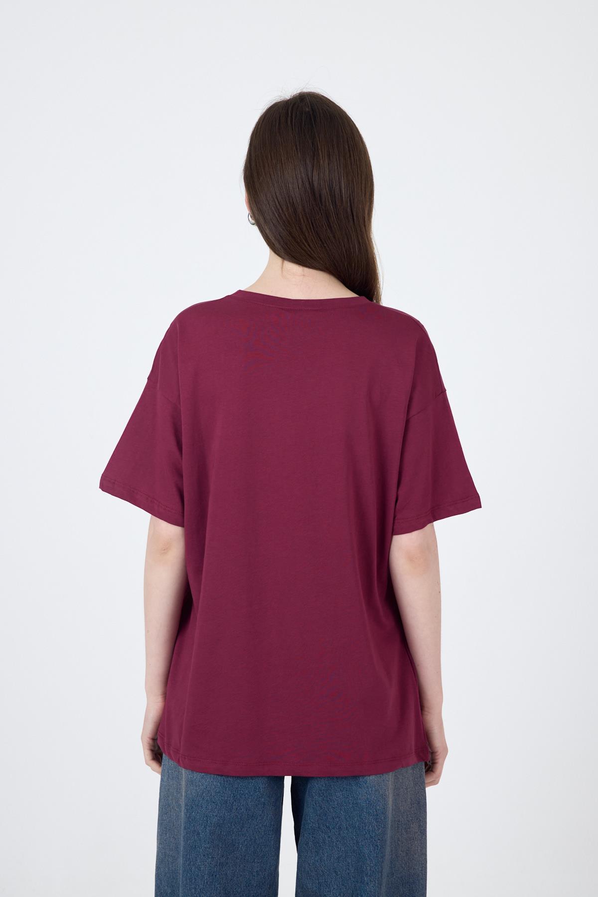 Bordo Yazı Baskılı Oversize Pamuklu Tişört 2150-32M - 5
