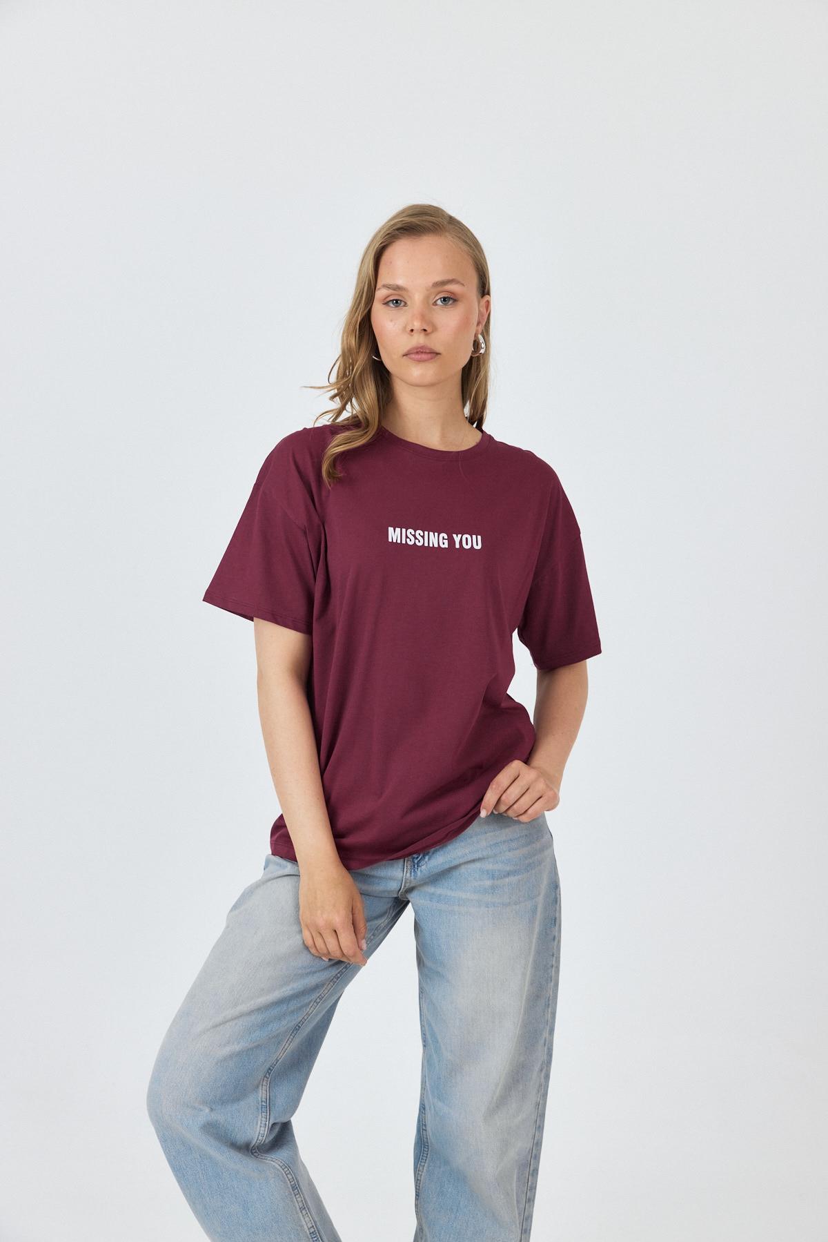 Bordo Yazı Baskılı Pamuklu Oversize Tişört 2150-6M - 6