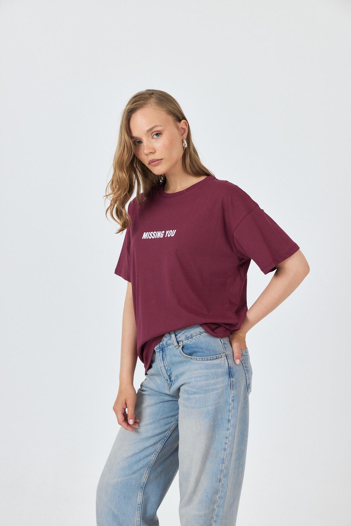 Bordo Yazı Baskılı Pamuklu Oversize Tişört 2150-6M - 8