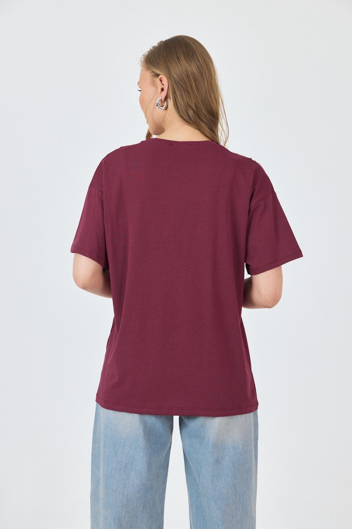 Bordo Yazı Baskılı Pamuklu Oversize Tişört 2150-6M - 5
