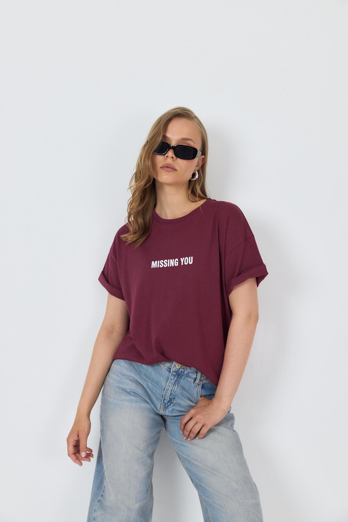 Bordo Yazı Baskılı Pamuklu Oversize Tişört 2150-6M - 7