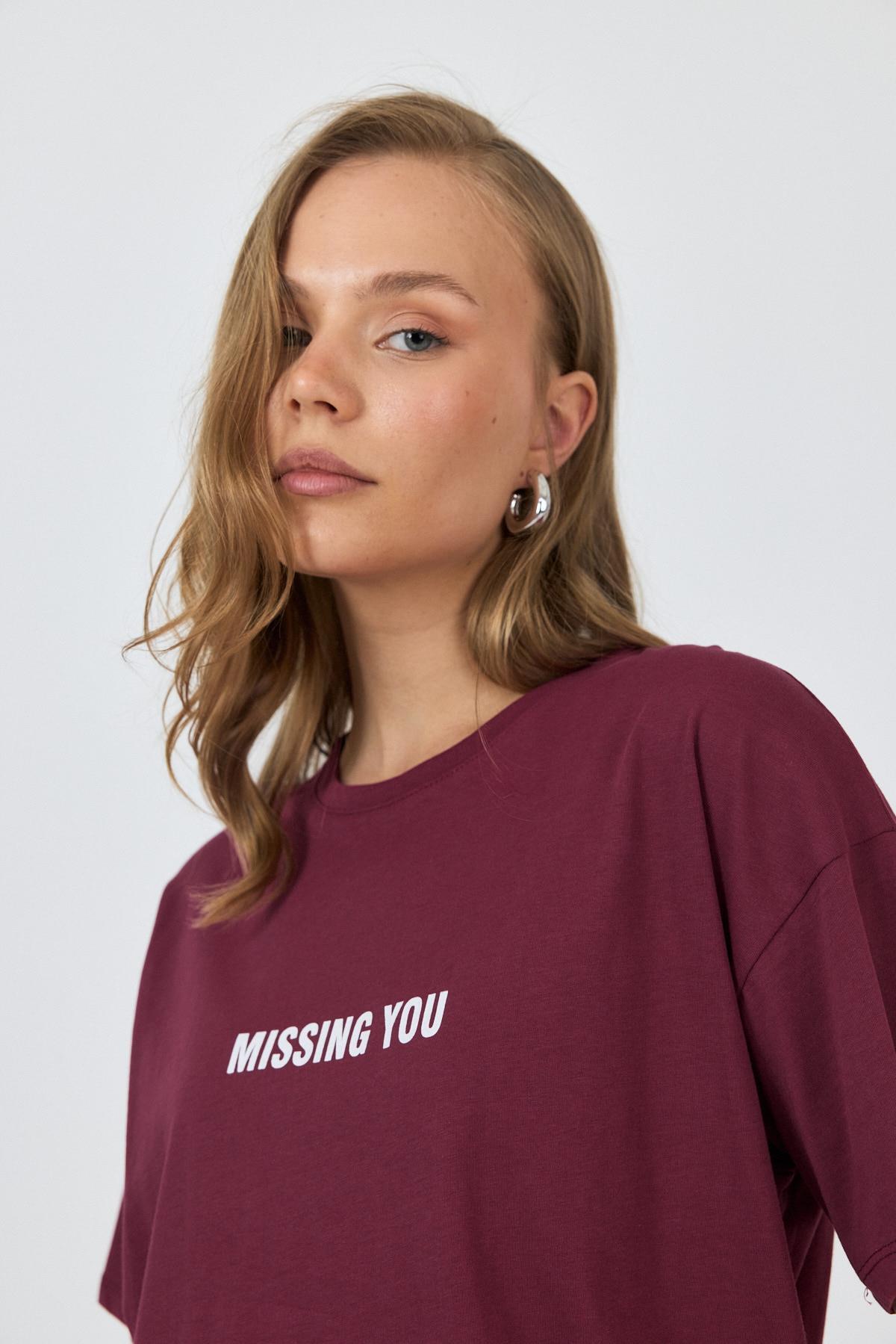 Bordo Yazı Baskılı Pamuklu Oversize Tişört 2150-6M - 4