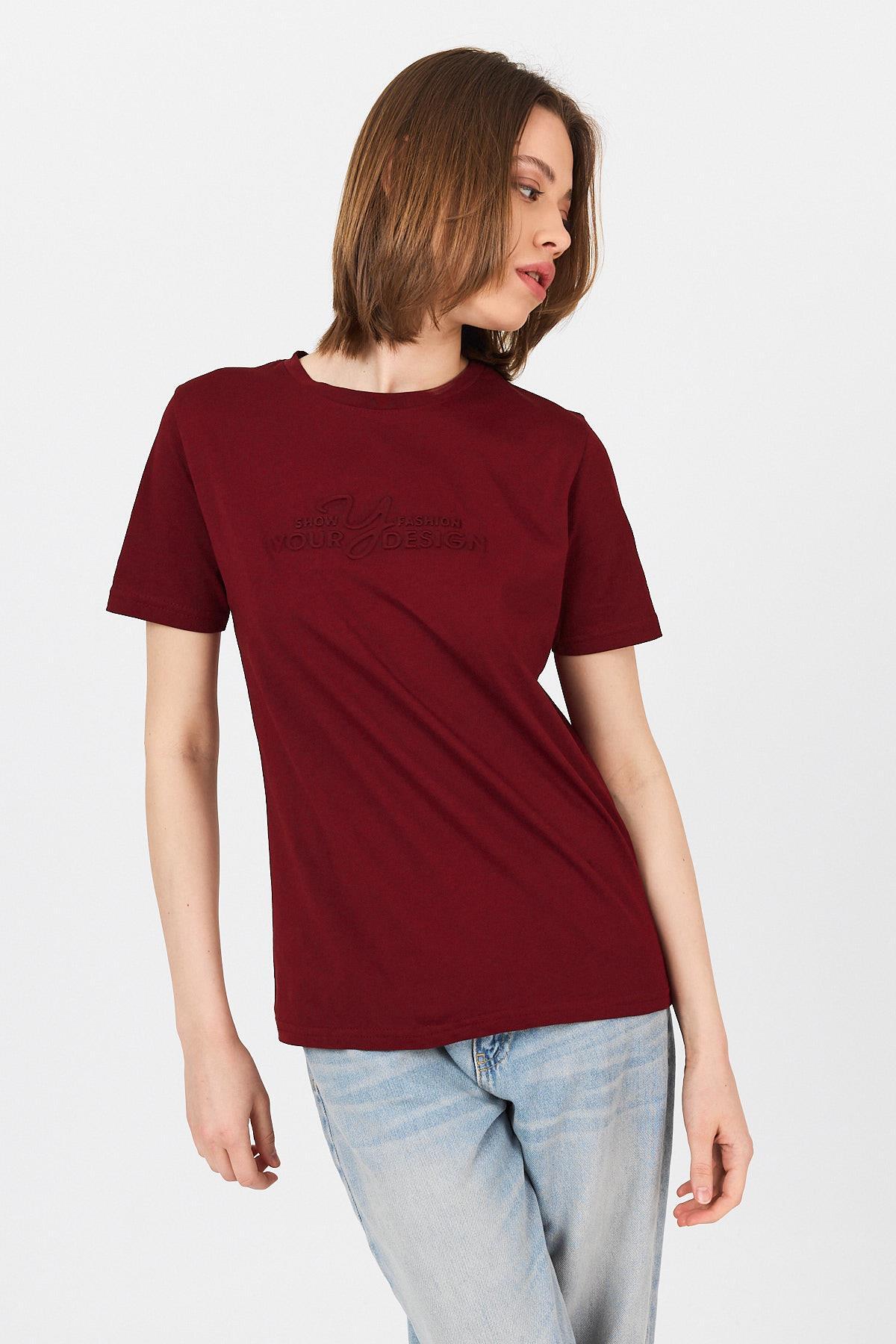 Bordo Yazı Kabartmalı Tişört 25223 - 3