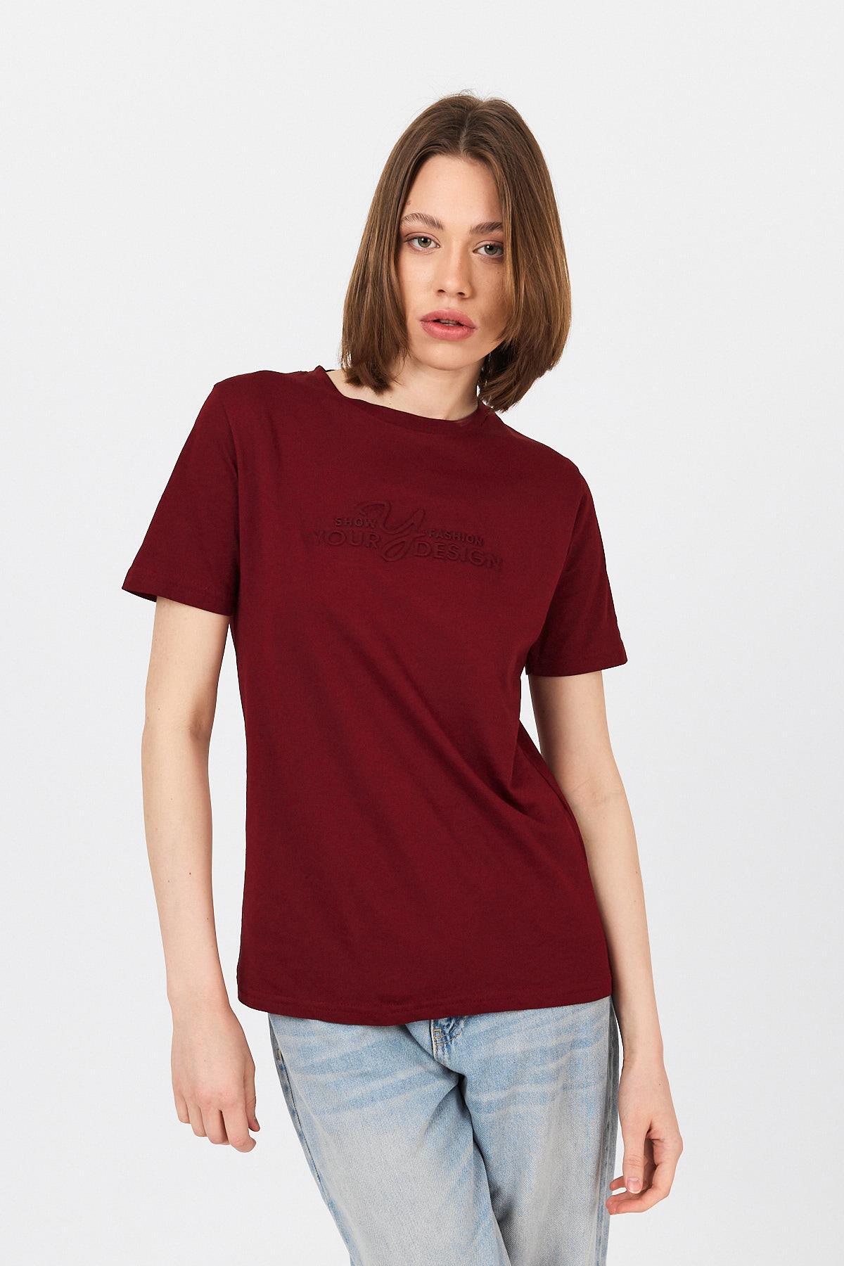 Bordo Yazı Kabartmalı Tişört 25223 