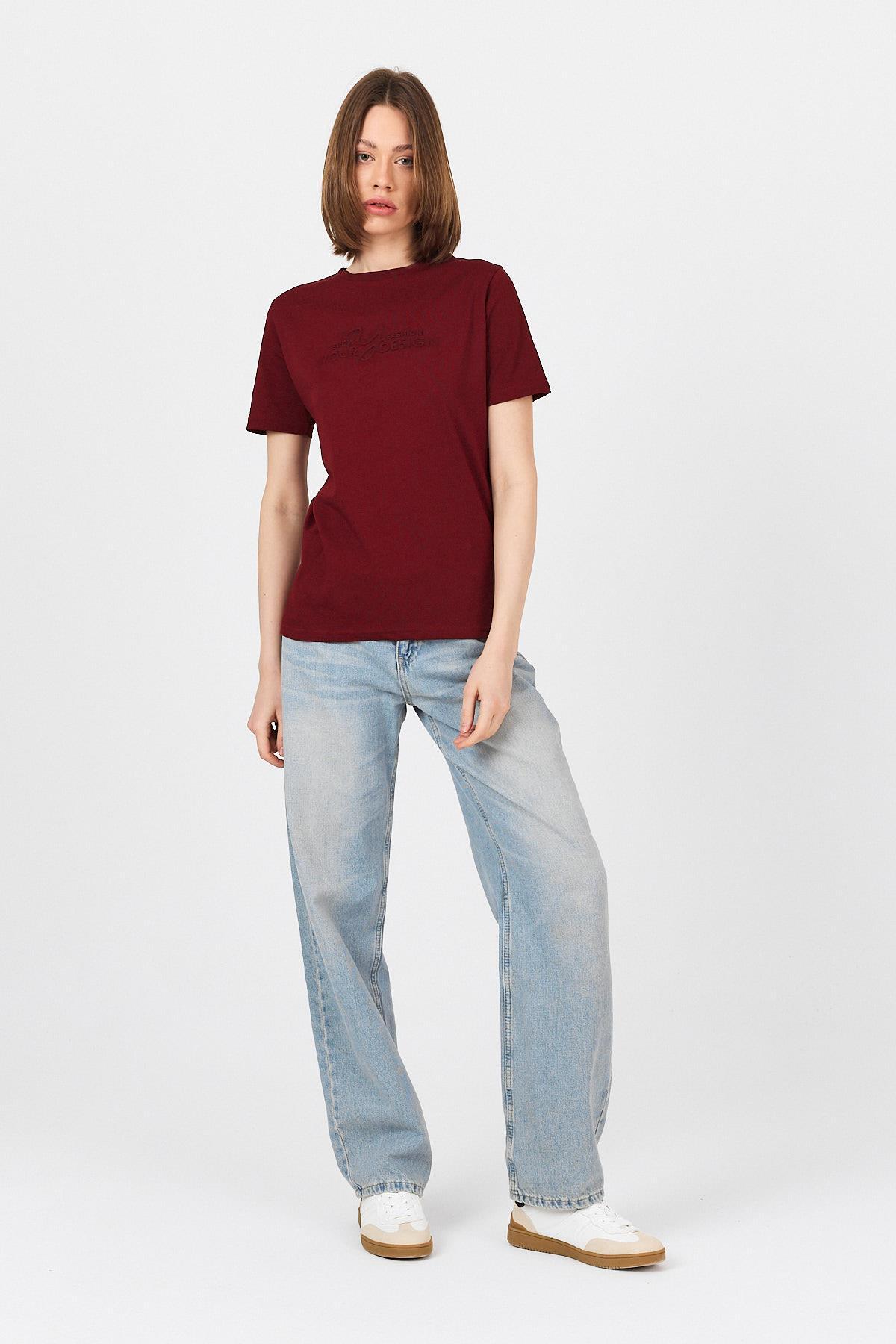 Bordo Yazı Kabartmalı Tişört 25223 - 2