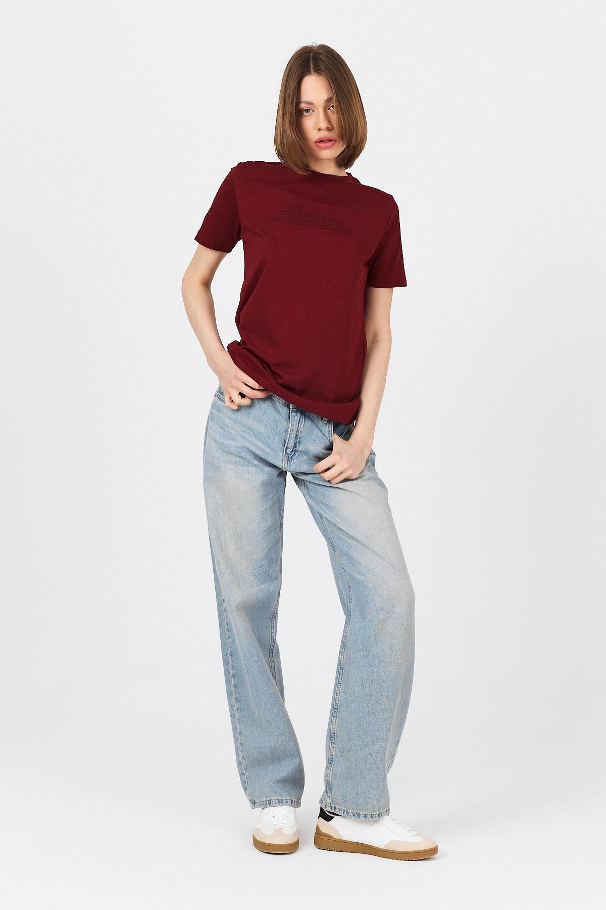 Bordo Yazı Kabartmalı Tişört 25223 - 5